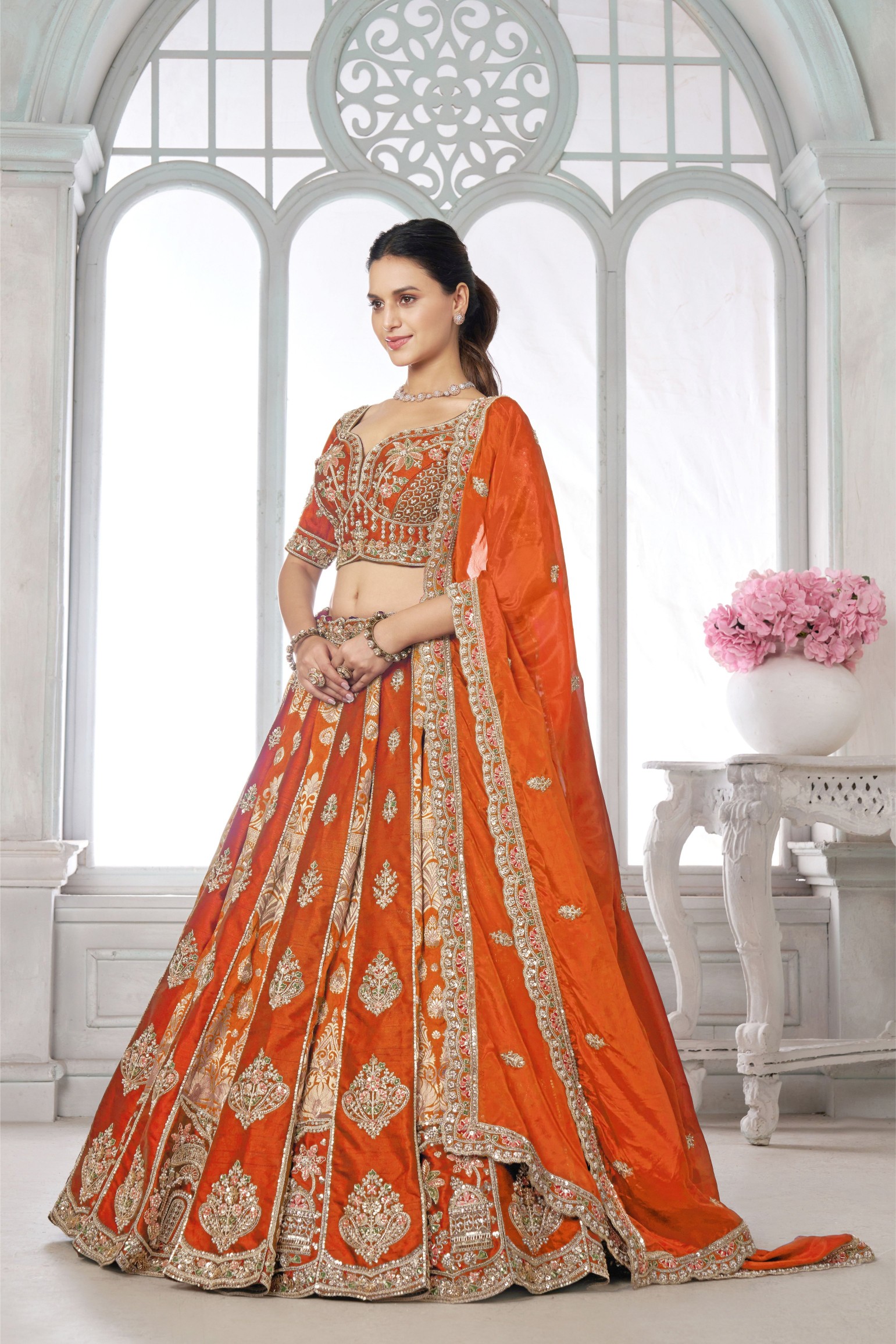 Orange Regal Embroidery Silk Panelled Lehenga Choli