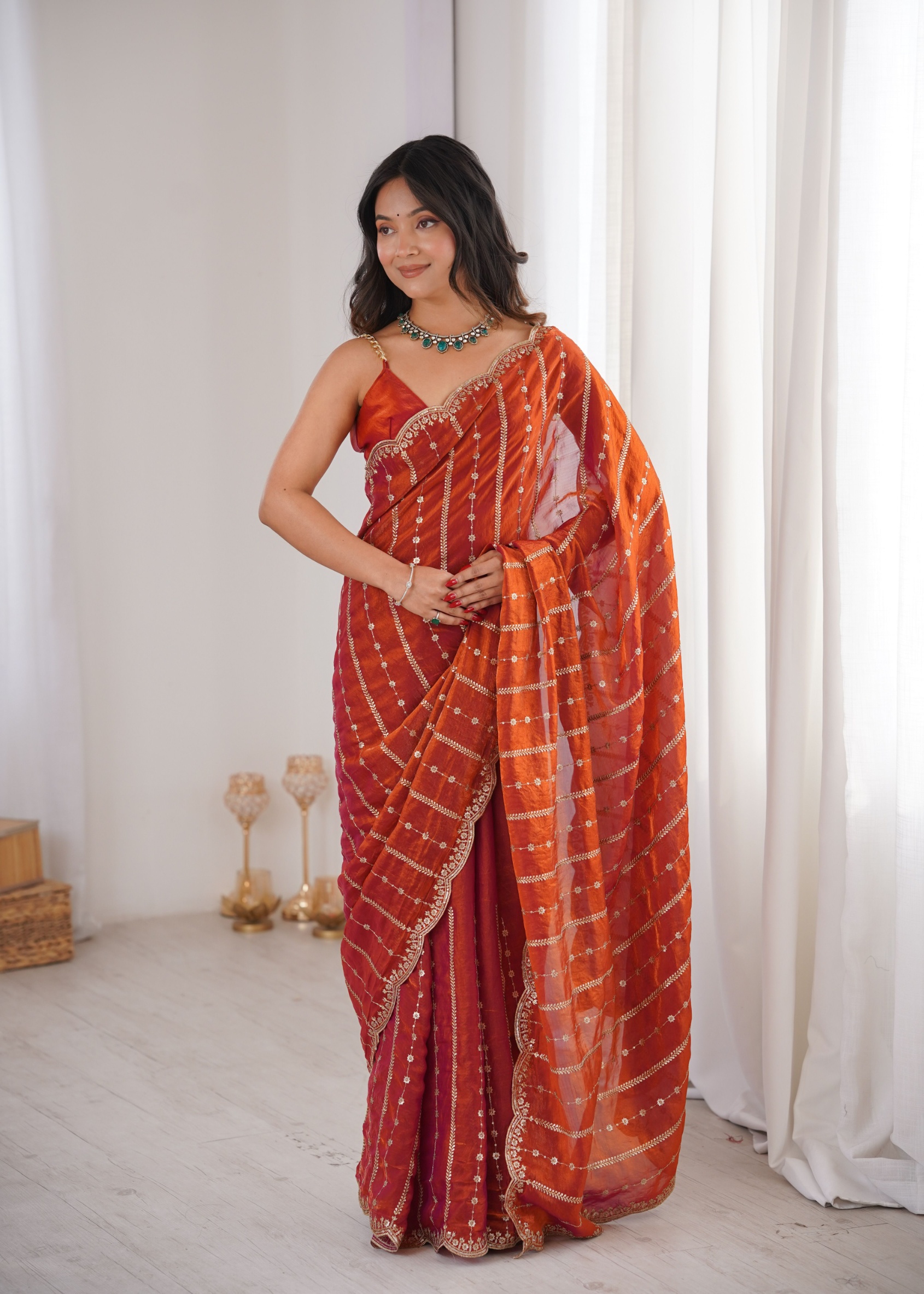 Orange Sequin Embroidered Fendy Satin Saree