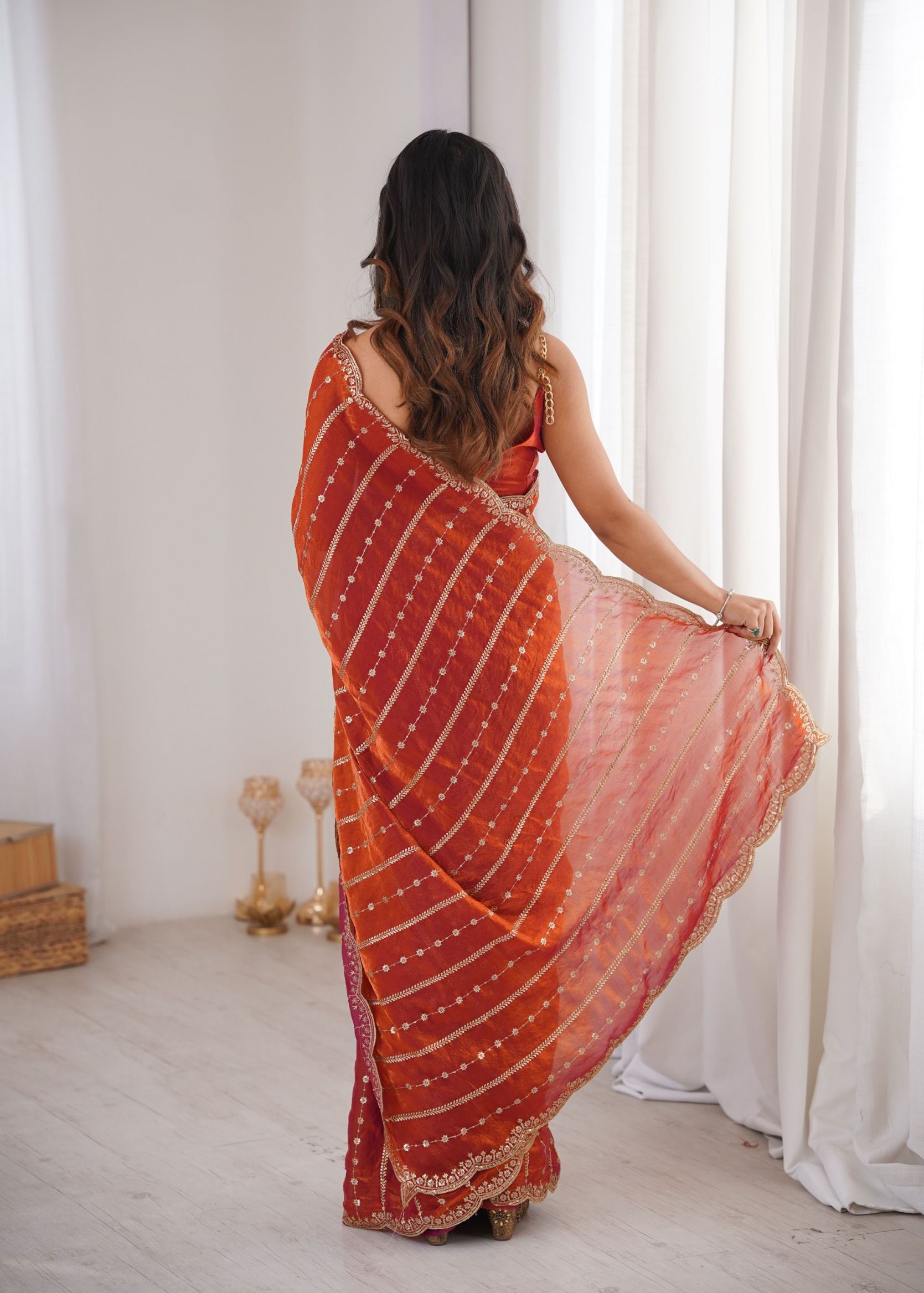 Orange Sequin Embroidered Fendy Satin Saree — alternate view