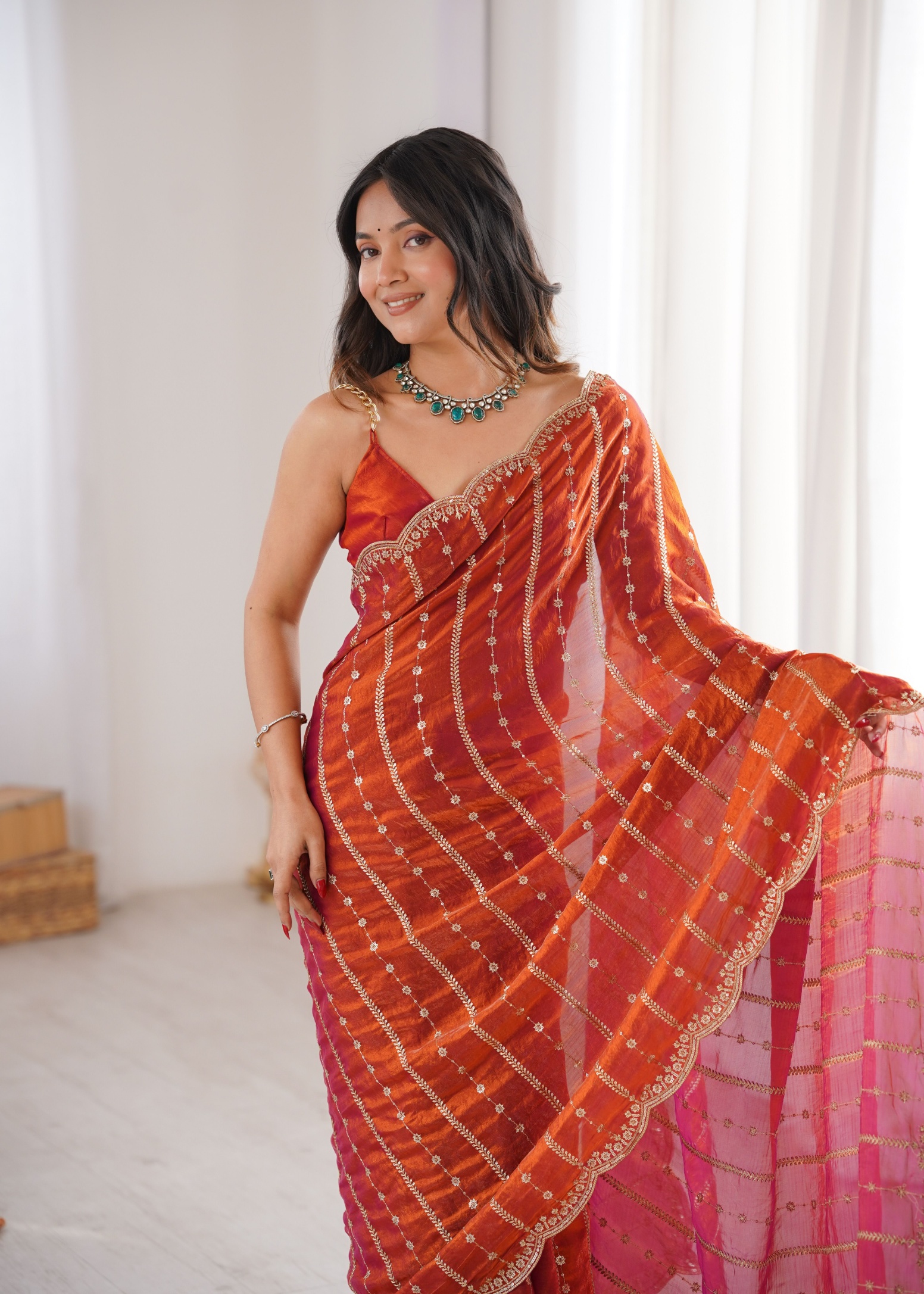 Orange Sequin Embroidered Fendy Satin Saree