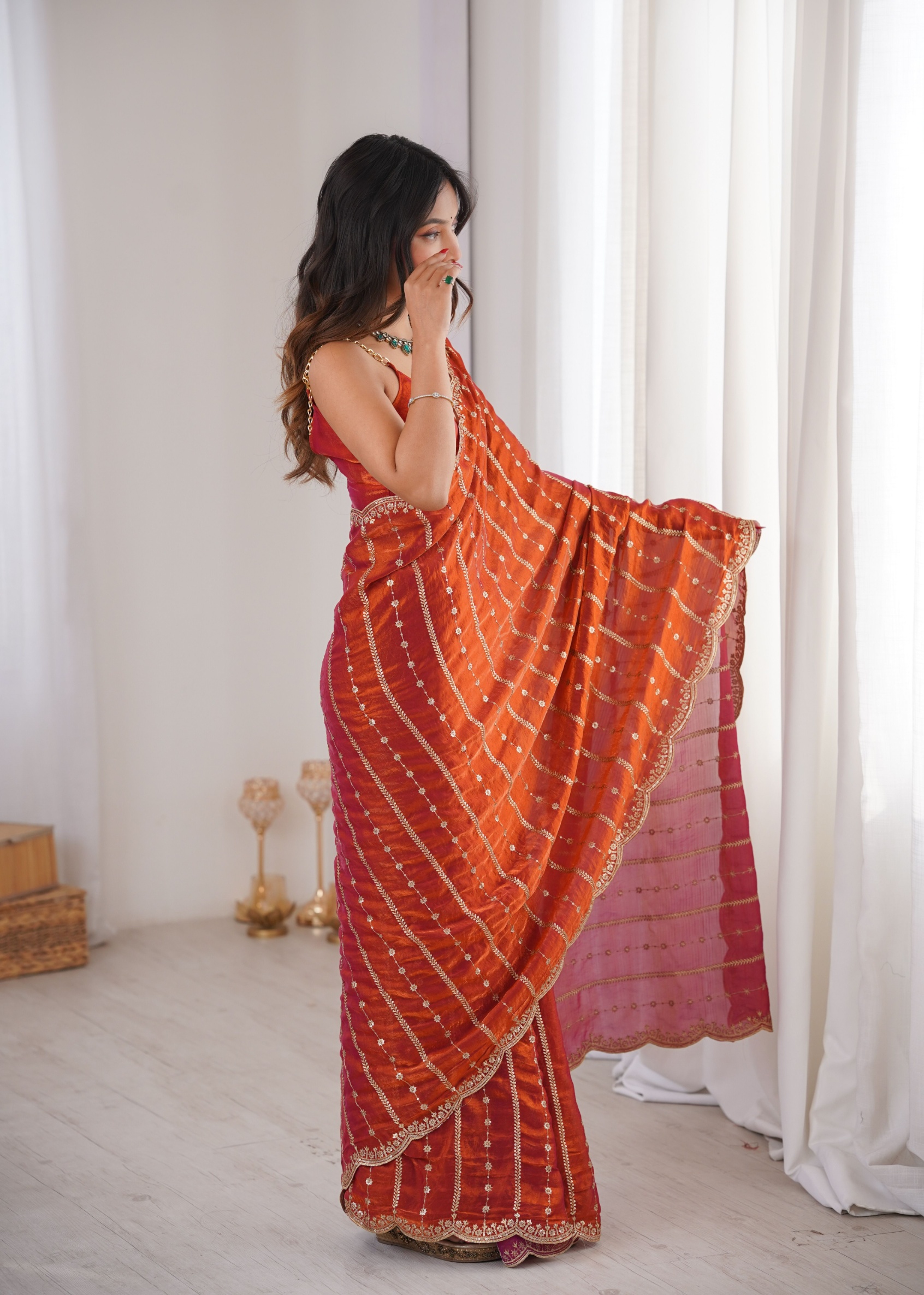Orange Sequin Embroidered Fendy Satin Saree