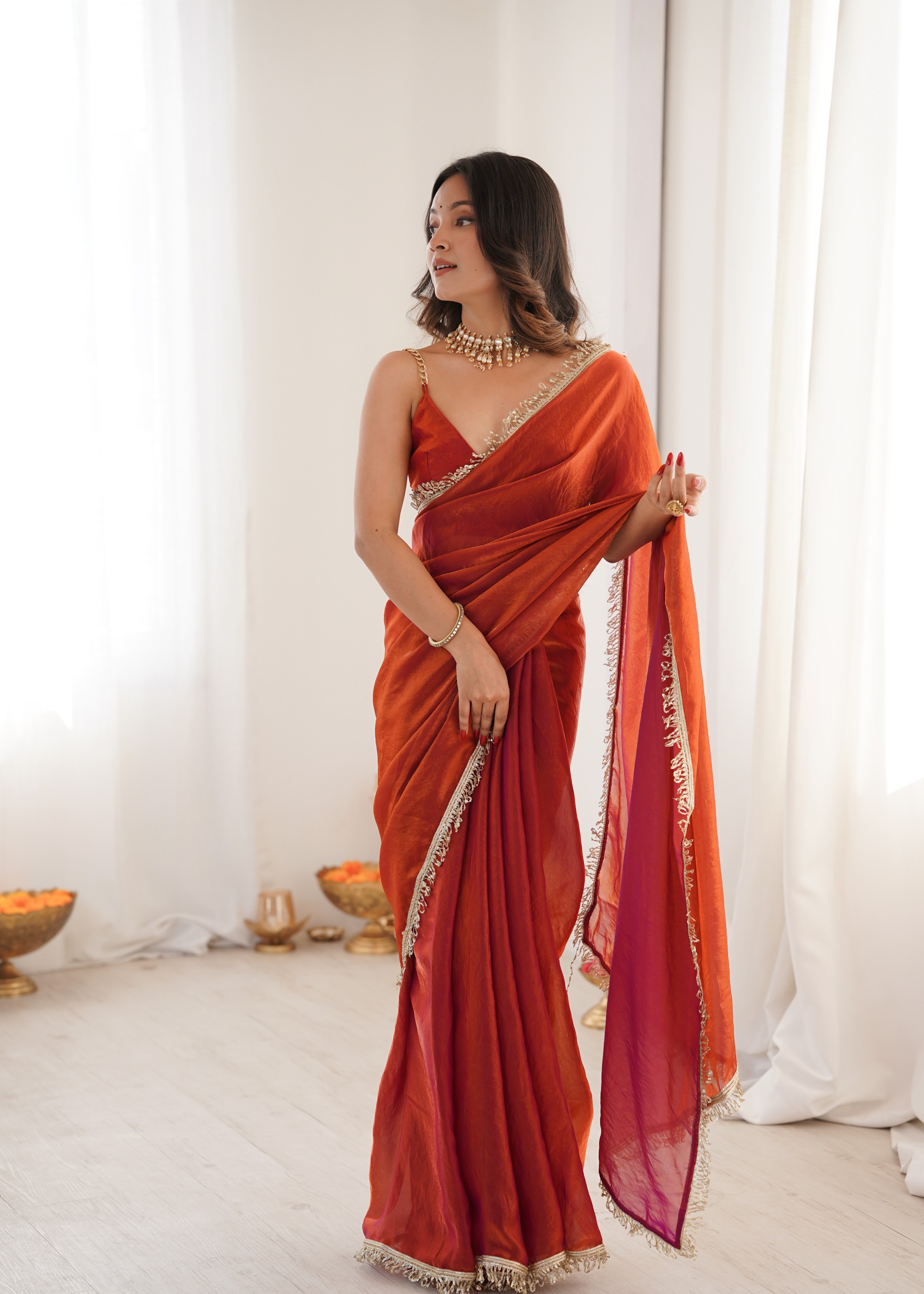 Orange Sequin Fendy Satin Saree