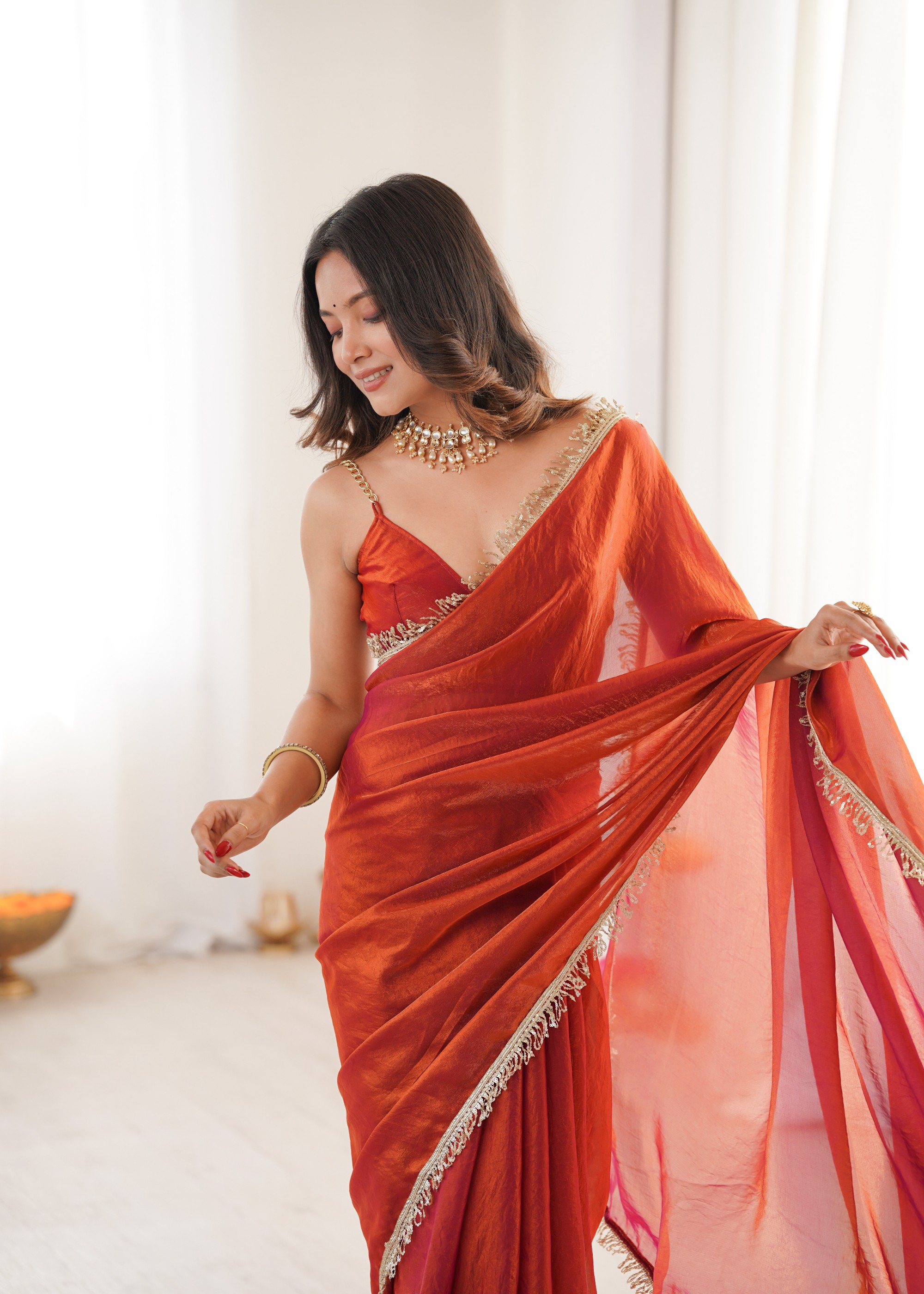 Orange Sequin Fendy Satin Saree — alternate view