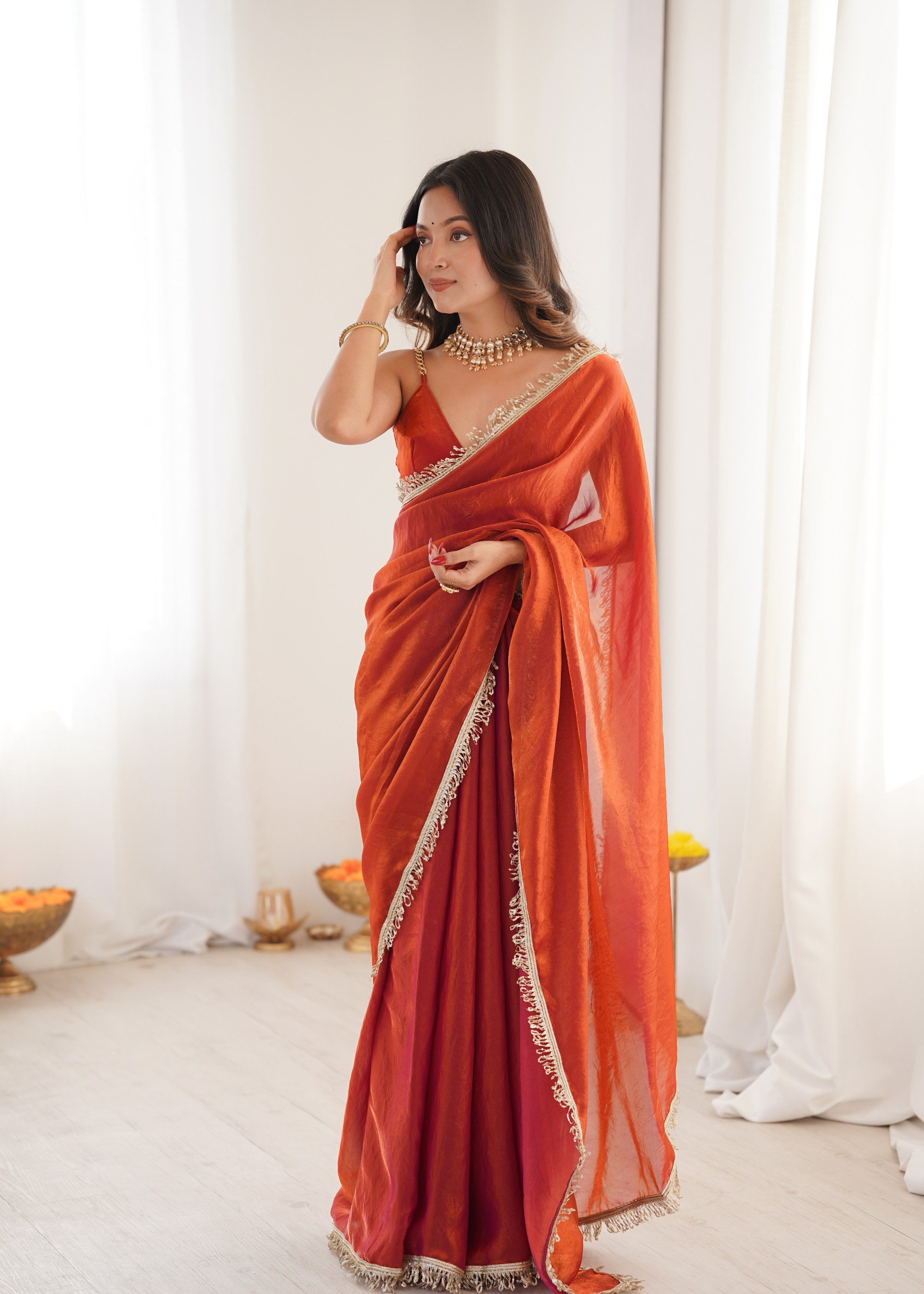 Orange Sequin Fendy Satin Saree