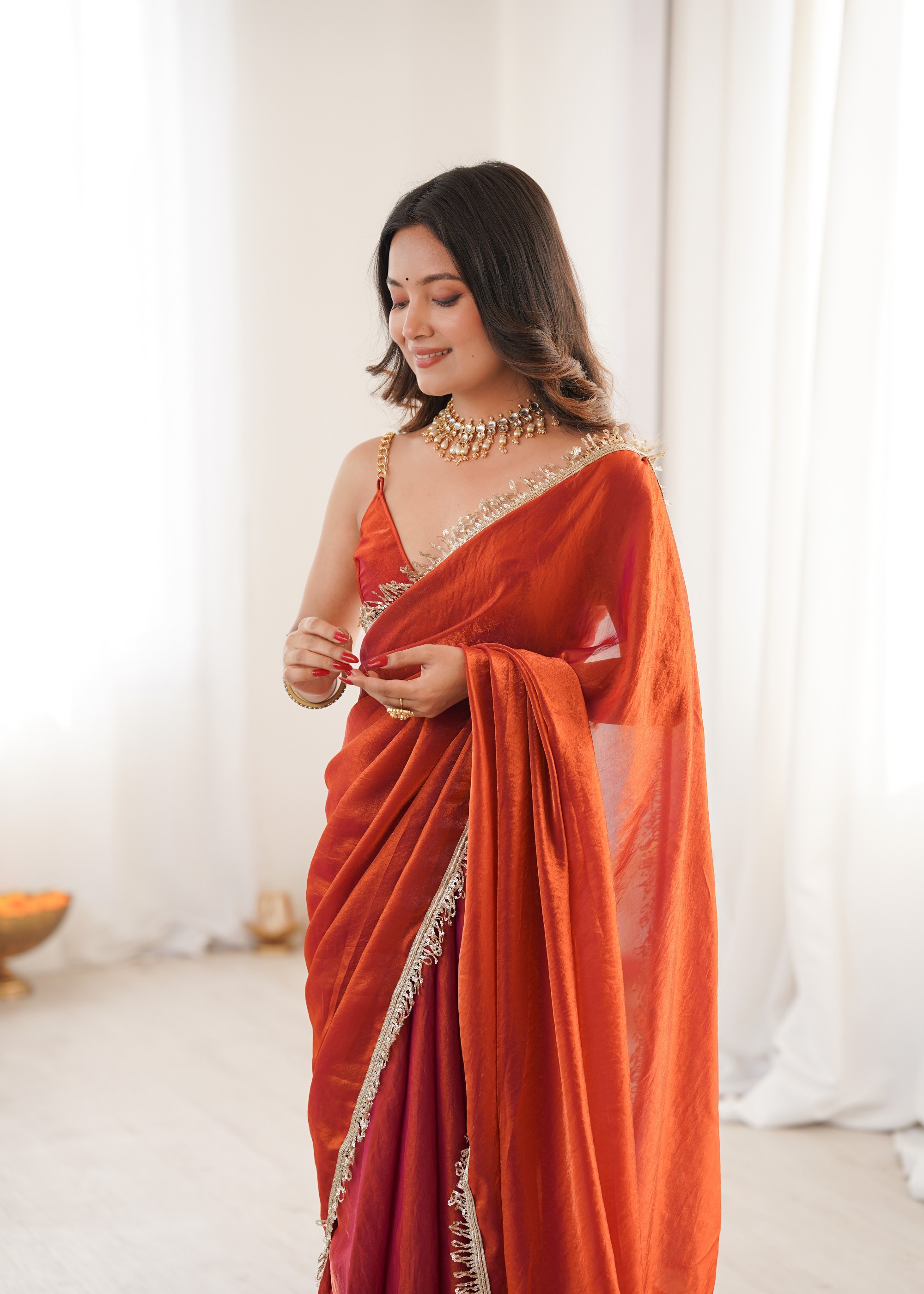 Orange Sequin Fendy Satin Saree