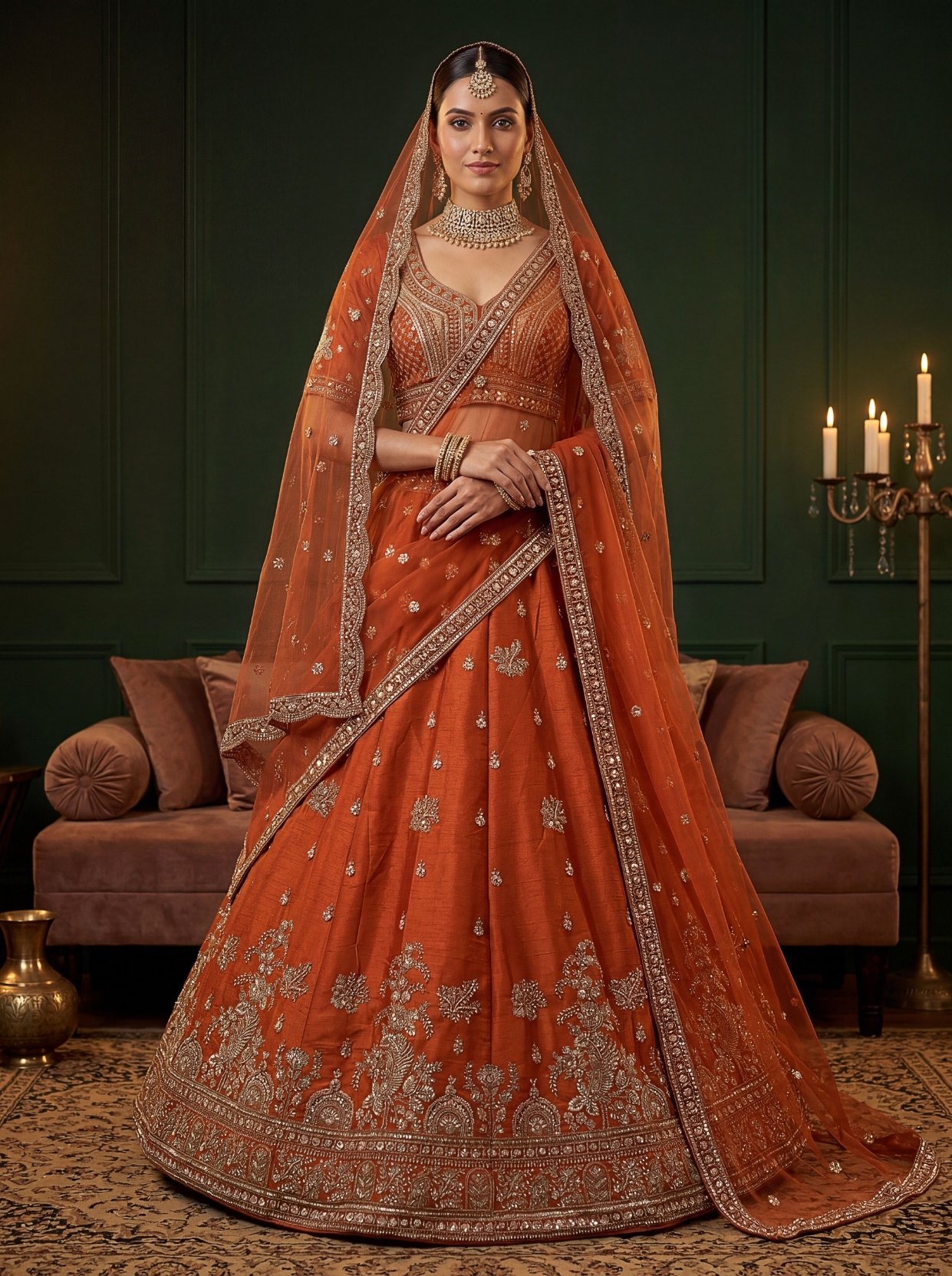 Orange Sequins Gadwal Silk Festive Lehenga Choli