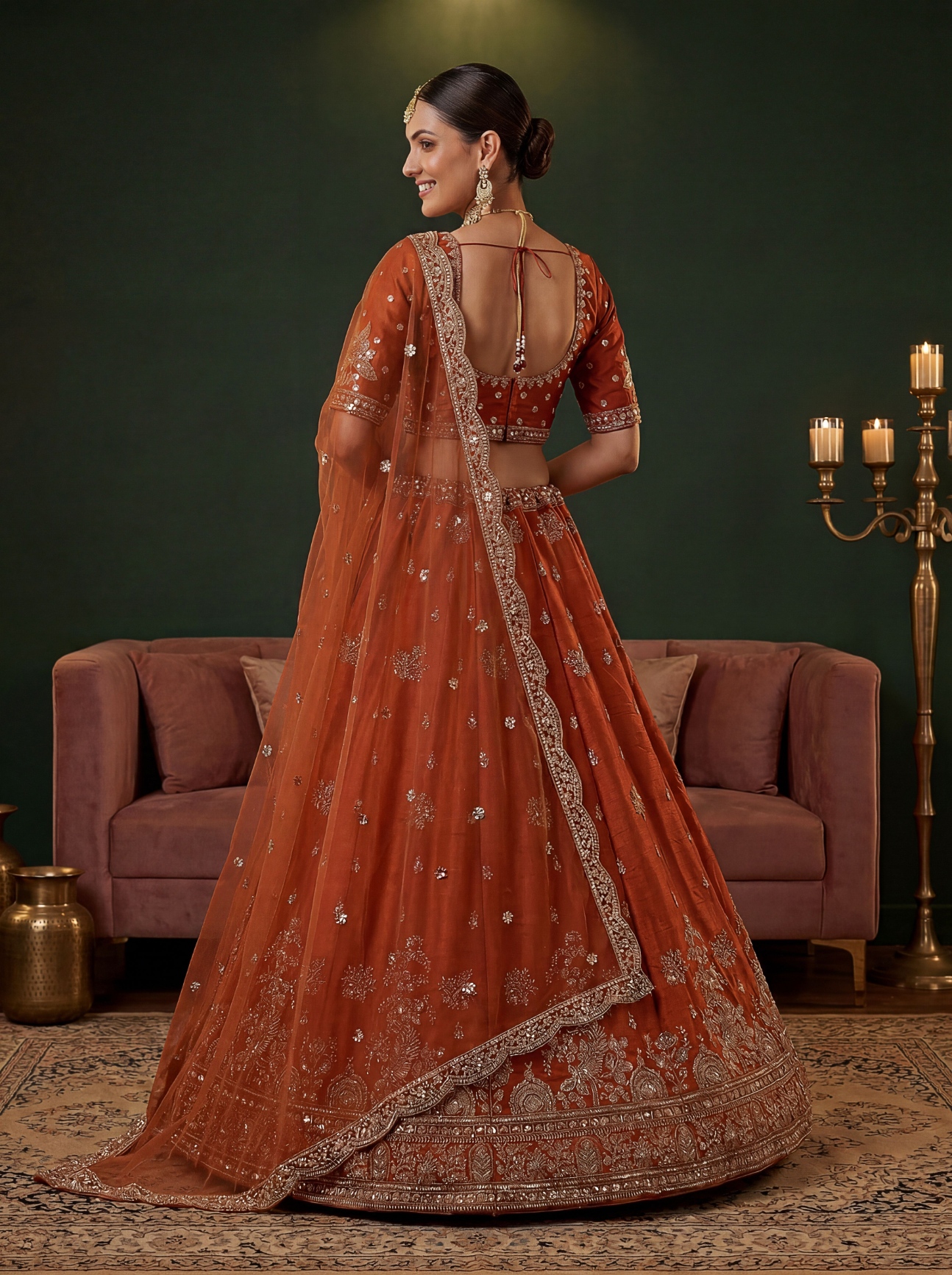 Orange Sequins Gadwal Silk Festive Lehenga Choli — alternate view