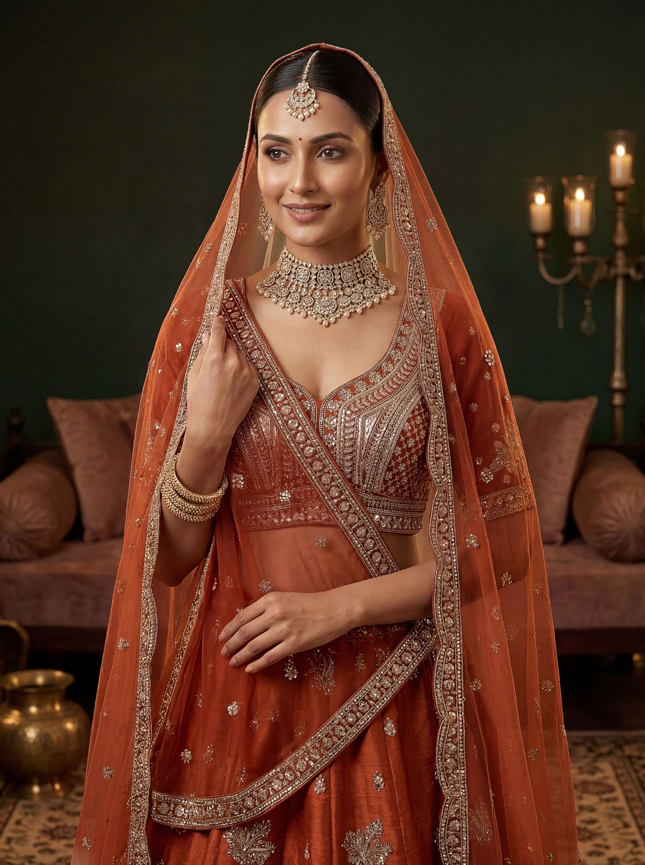 Orange Sequins Gadwal Silk Festive Lehenga Choli