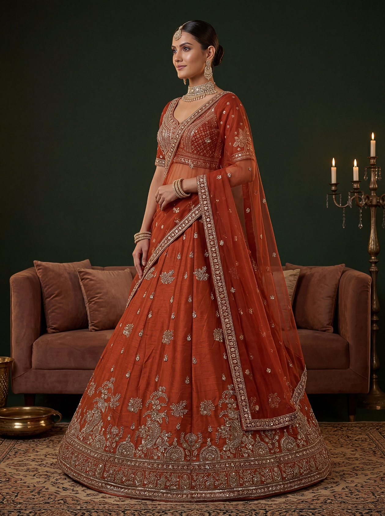Orange Sequins Gadwal Silk Festive Lehenga Choli