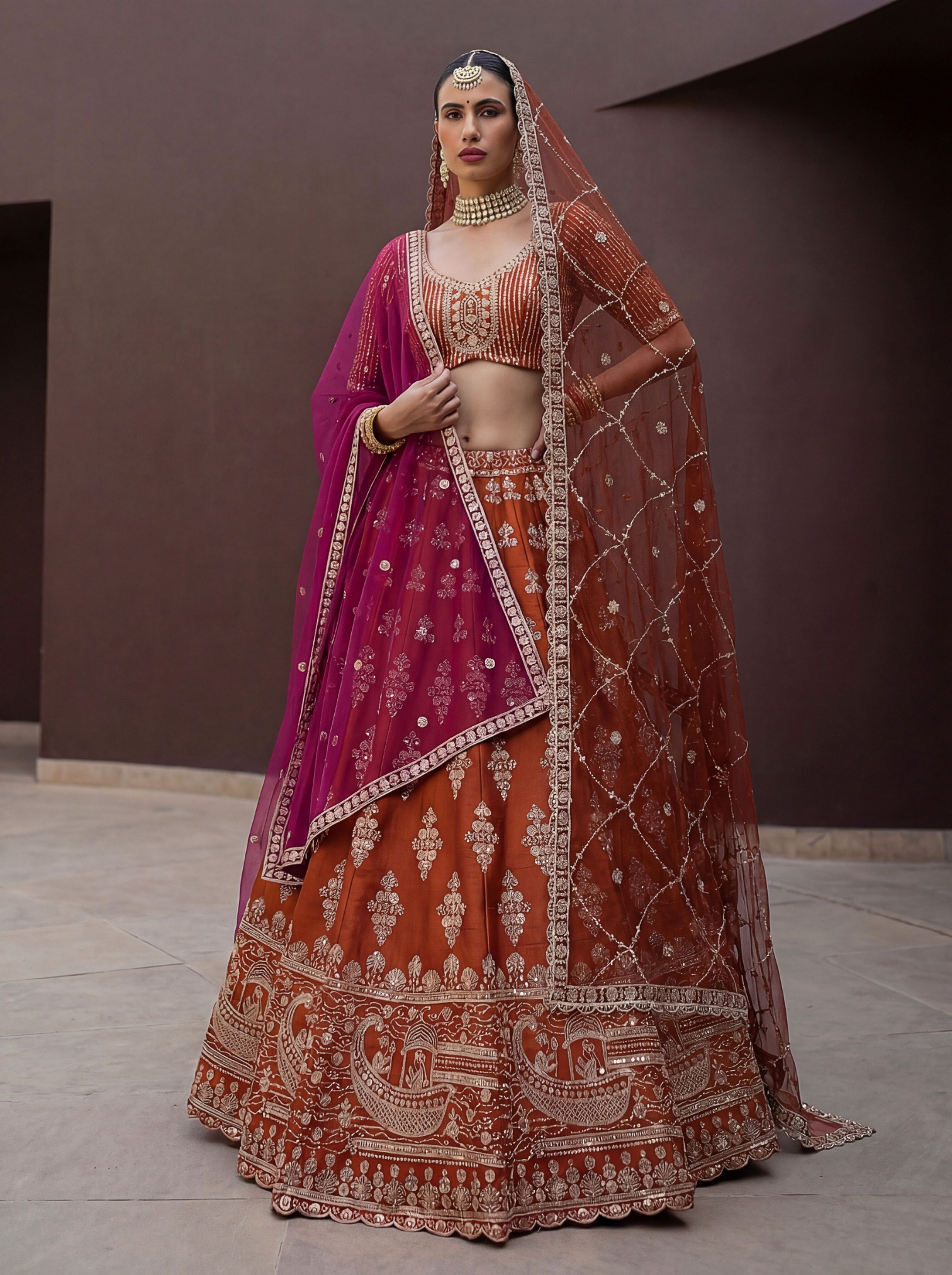 Orange Silk Zardosi Embroidered Bridal Lehenga Choli