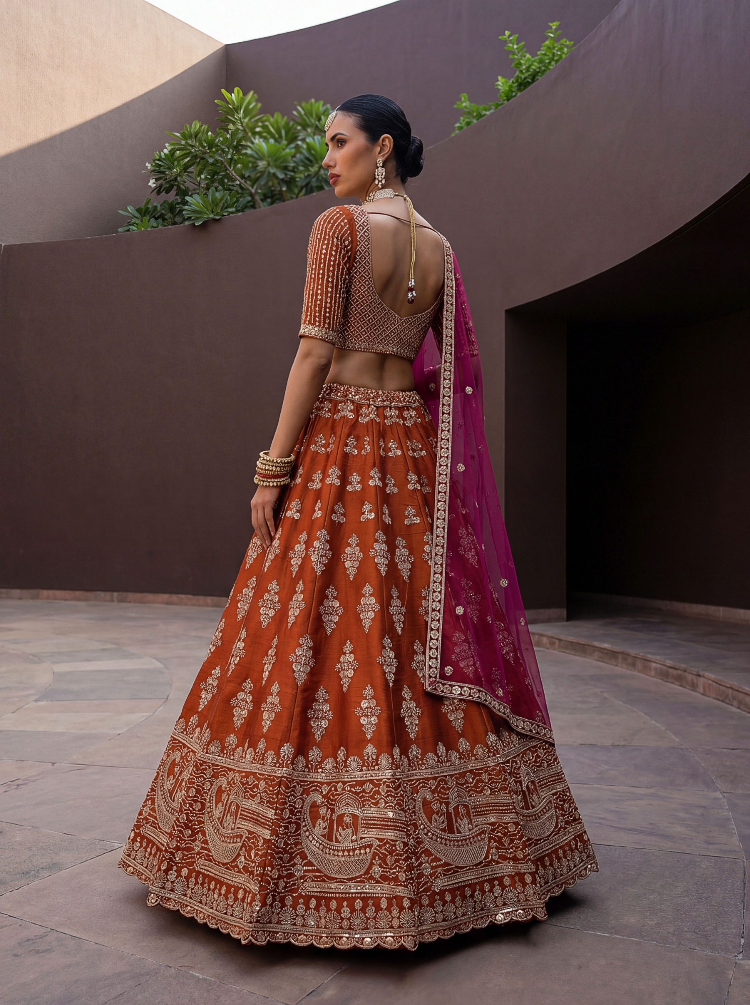 Orange Silk Zardosi Embroidered Bridal Lehenga Choli — alternate view