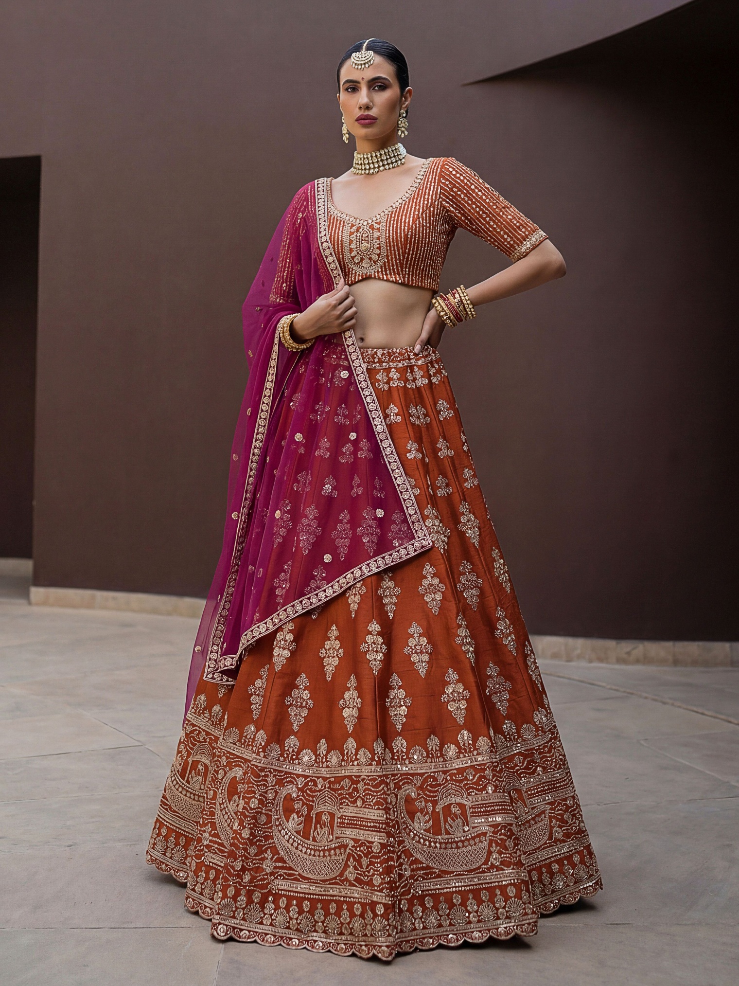 Orange Silk Zardosi Embroidered Bridal Lehenga Choli