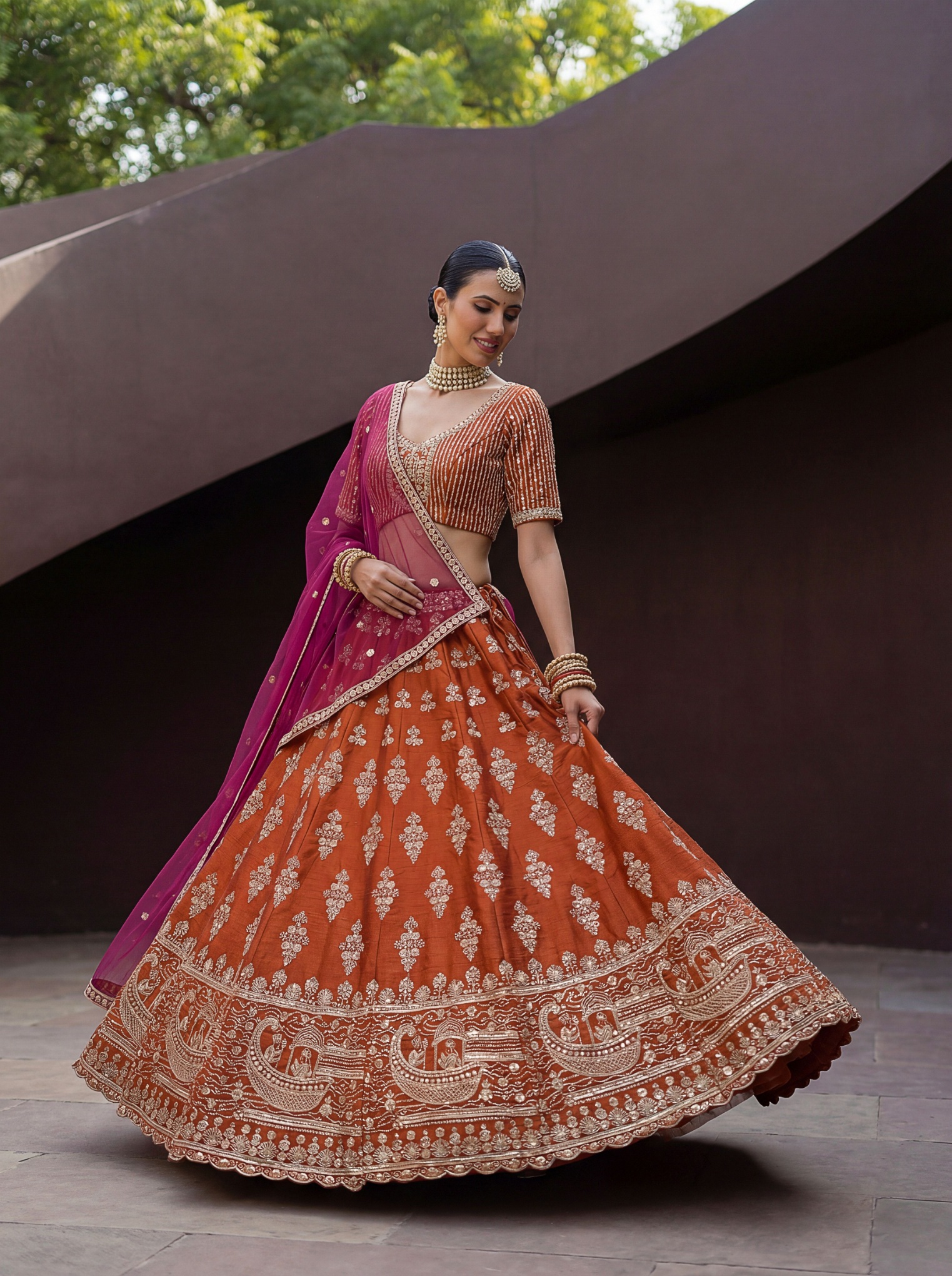 Orange Silk Zardosi Embroidered Bridal Lehenga Choli