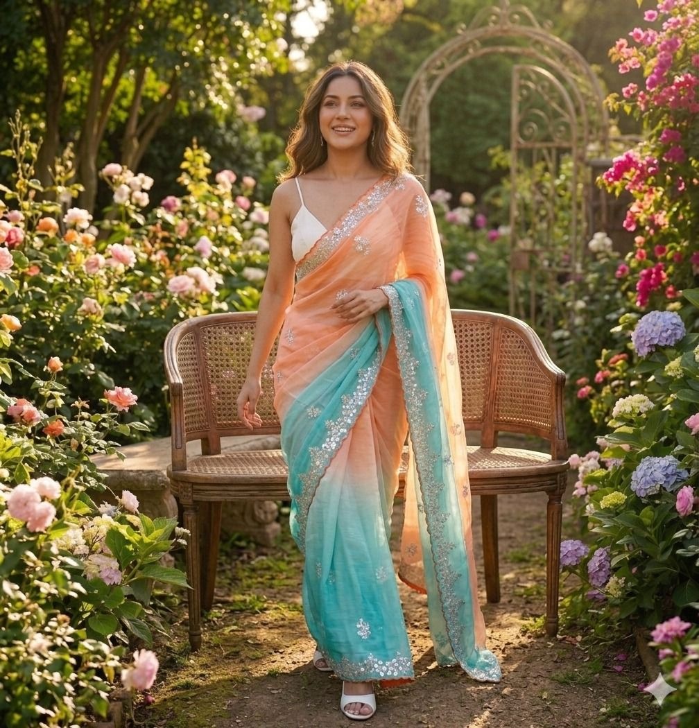 Orange-Sky Blue Pixel Crush Saree
