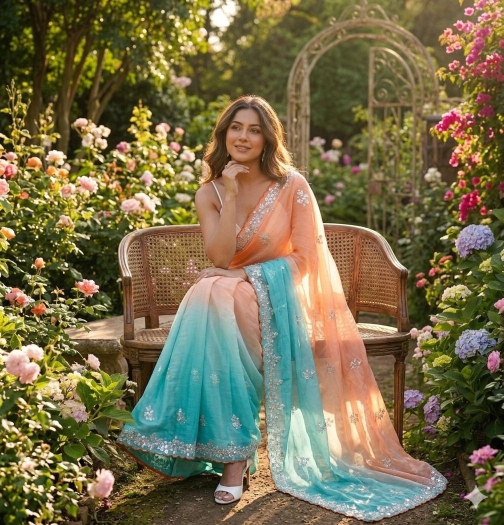 Orange-Sky Blue Pixel Crush Saree