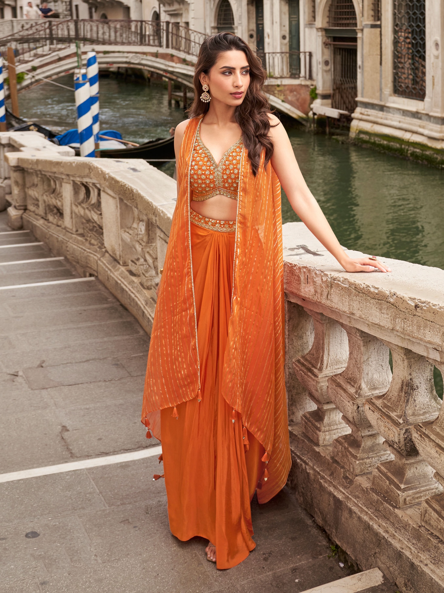 Orange Striped Embroidered Chinon Indo Western Set