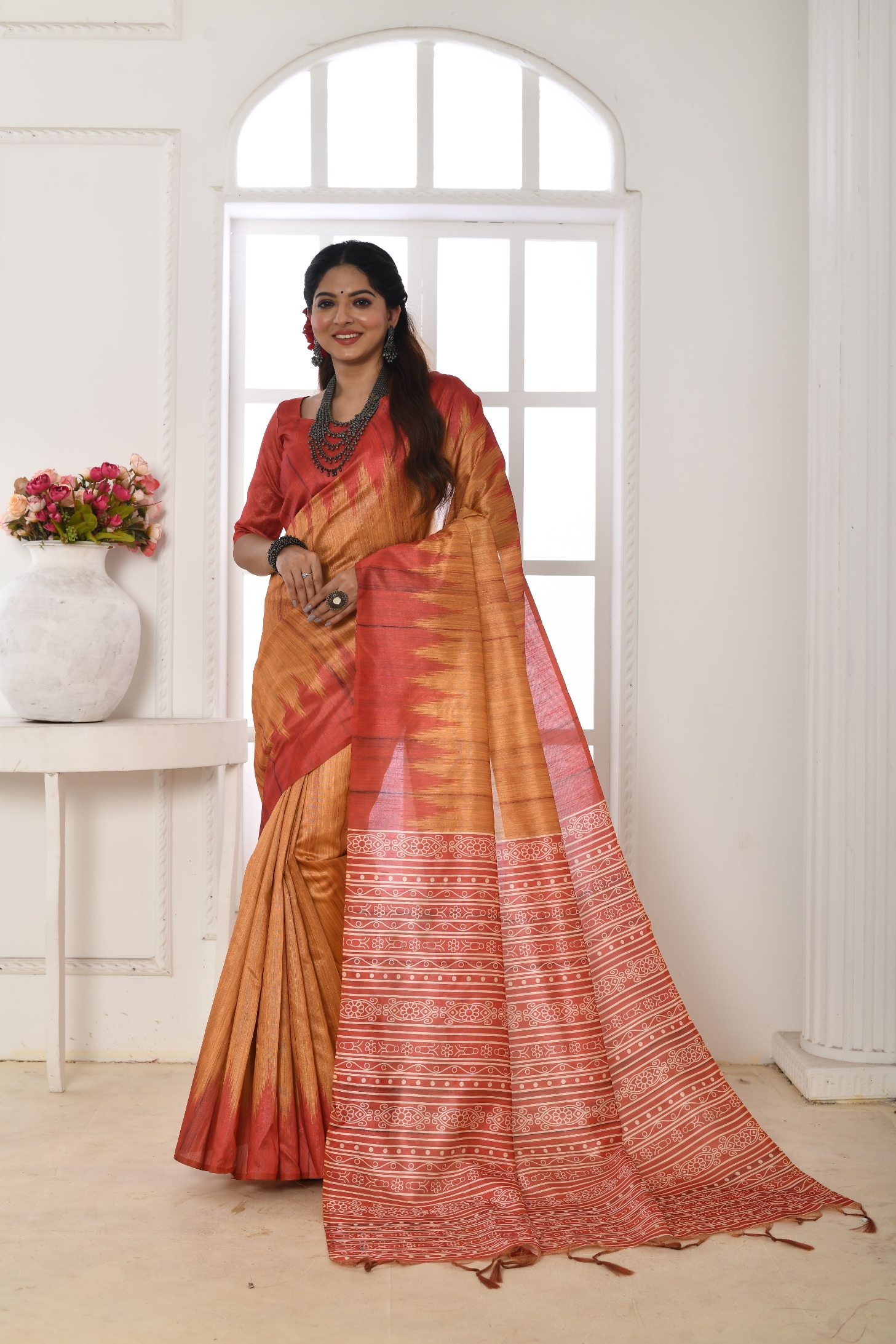 Orange Temple Printed Tussar Silk Saree