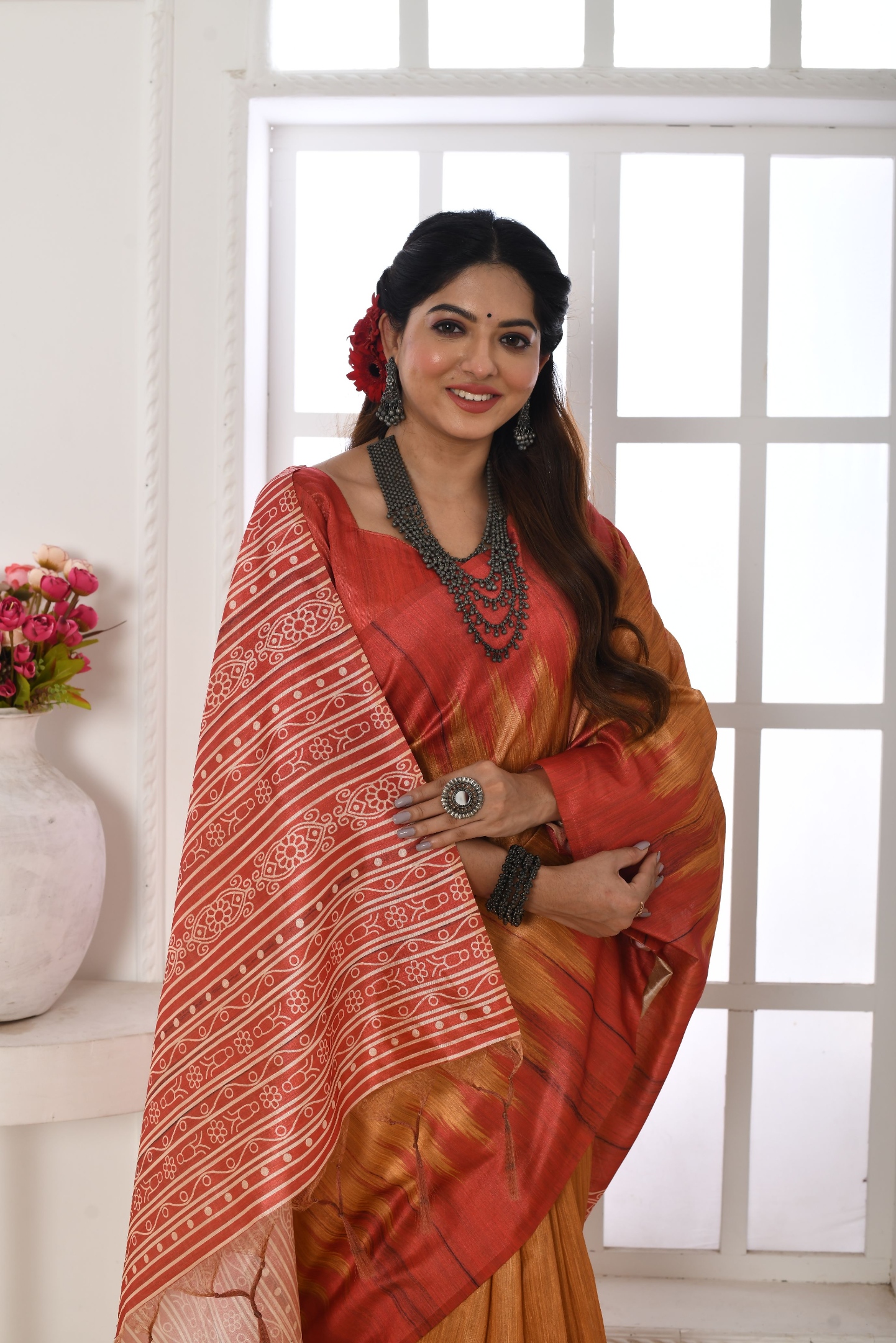 Orange Temple Printed Tussar Silk Saree — alternate view