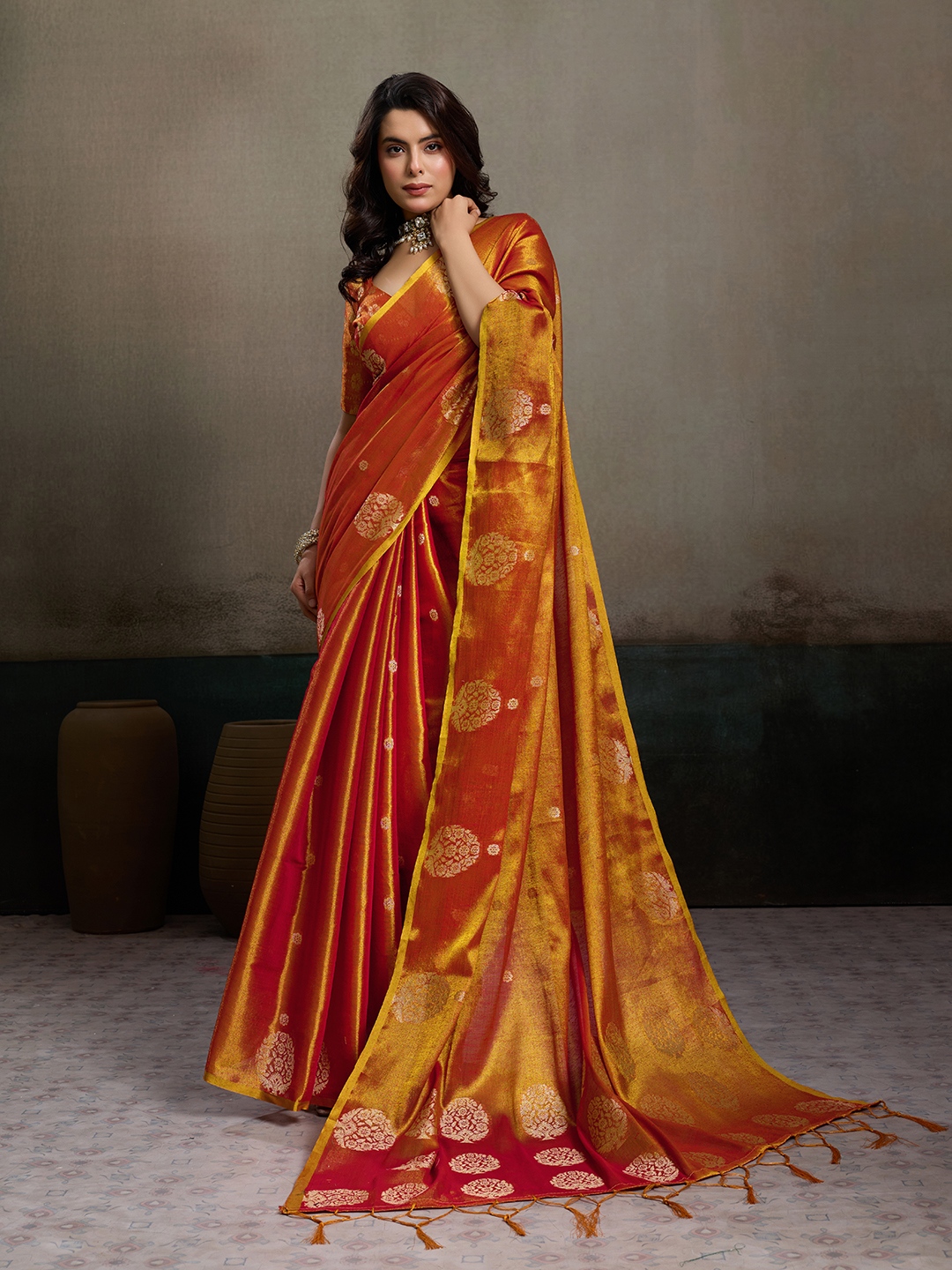 Orange Tissue Silk Woven Designer Saree