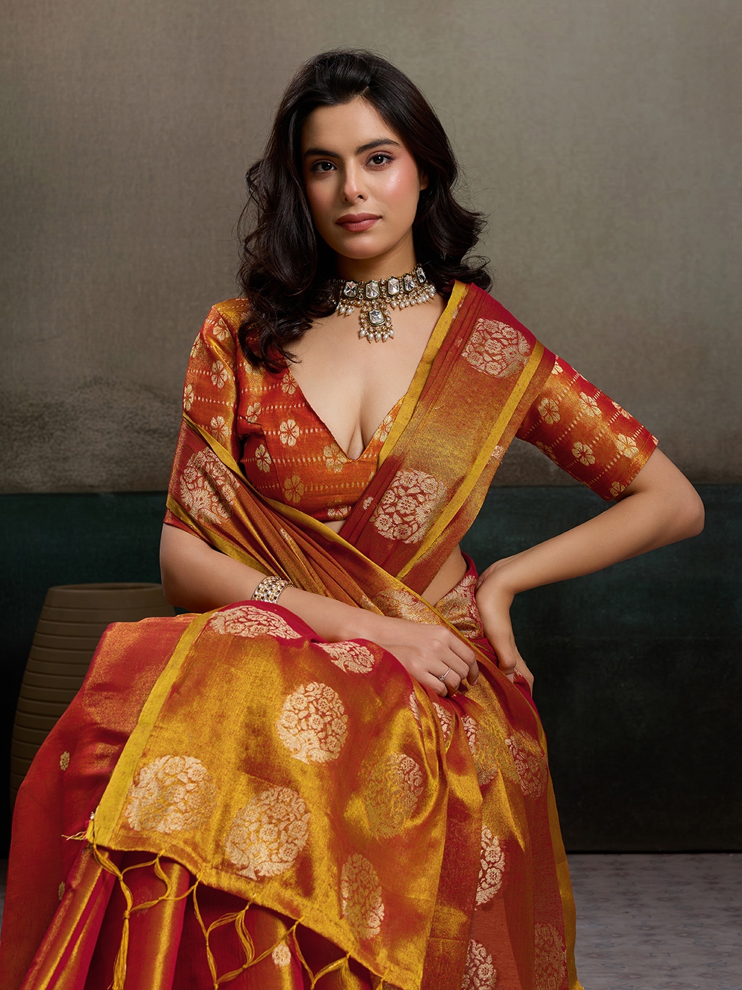 Orange Tissue Silk Woven Designer Saree