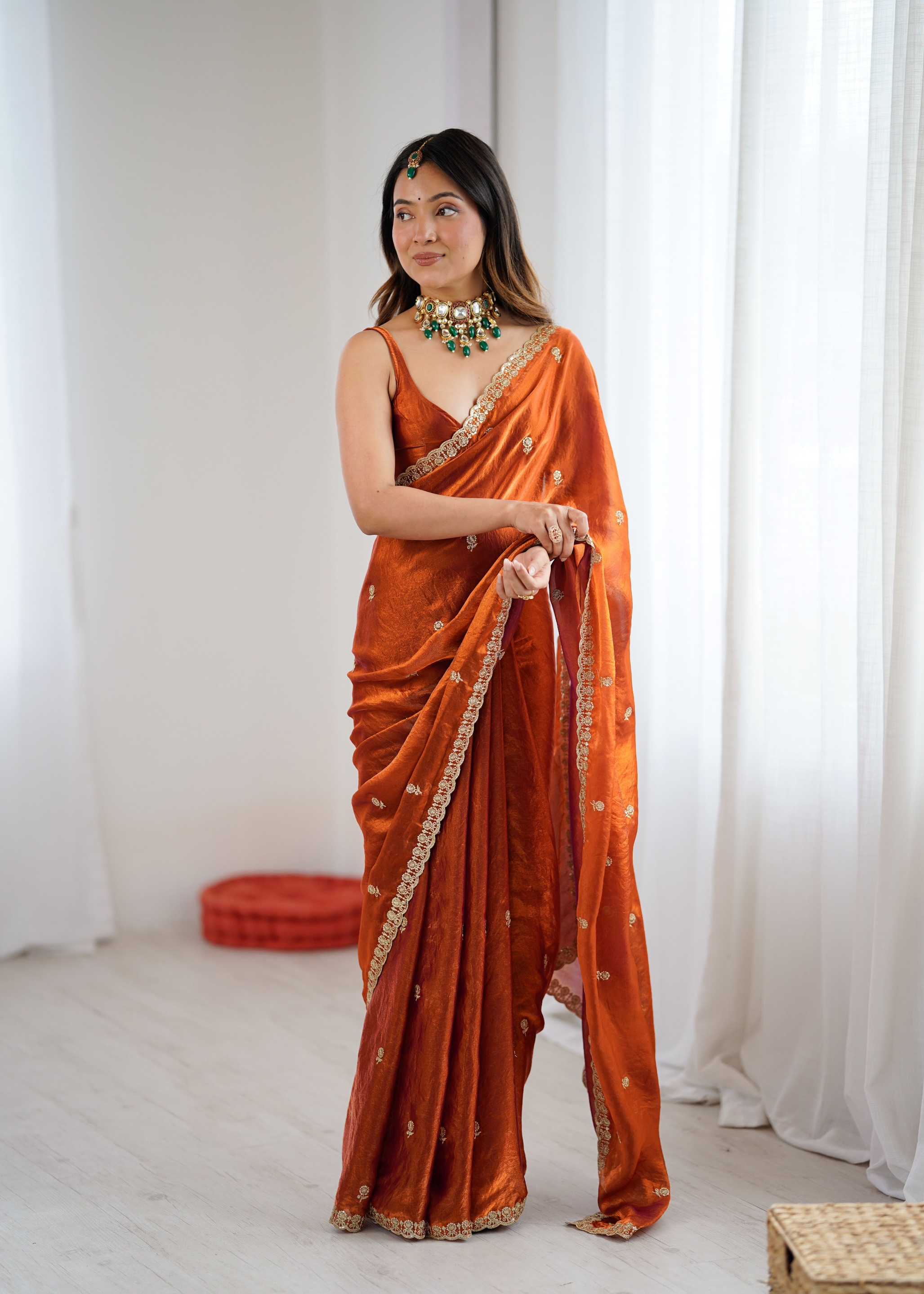 Orange Two Tone Embroidered Fendy Satin Saree