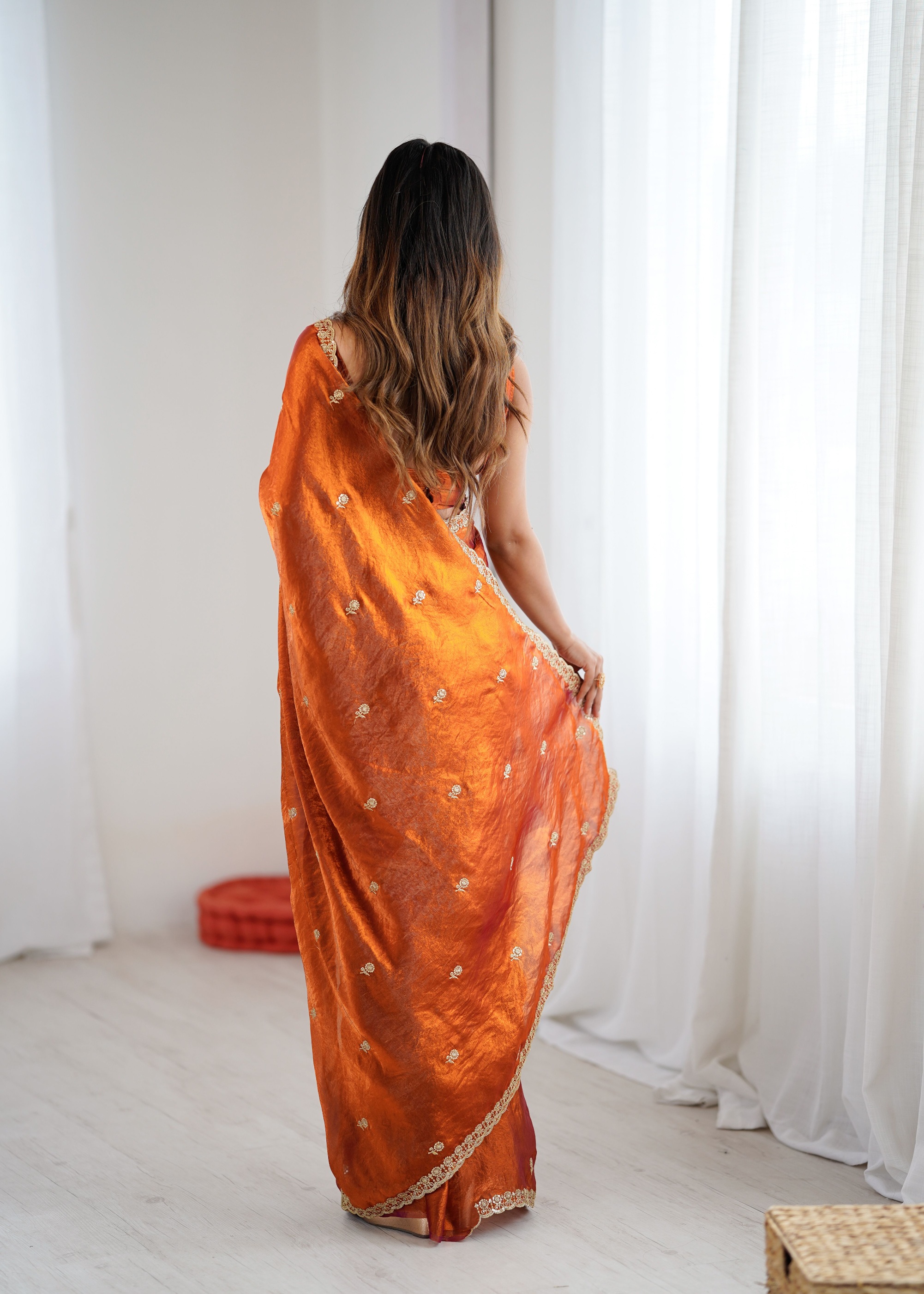 Orange Two Tone Embroidered Fendy Satin Saree — alternate view