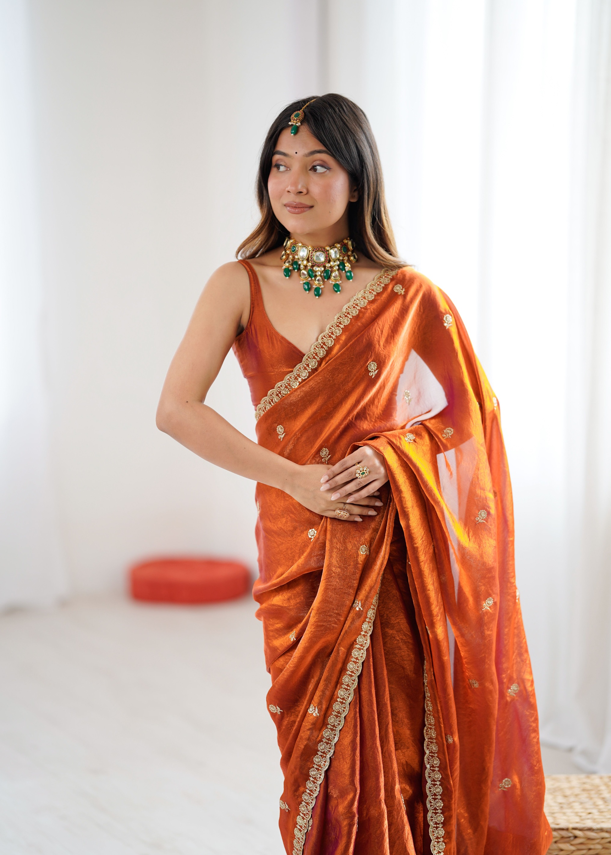 Orange Two Tone Embroidered Fendy Satin Saree