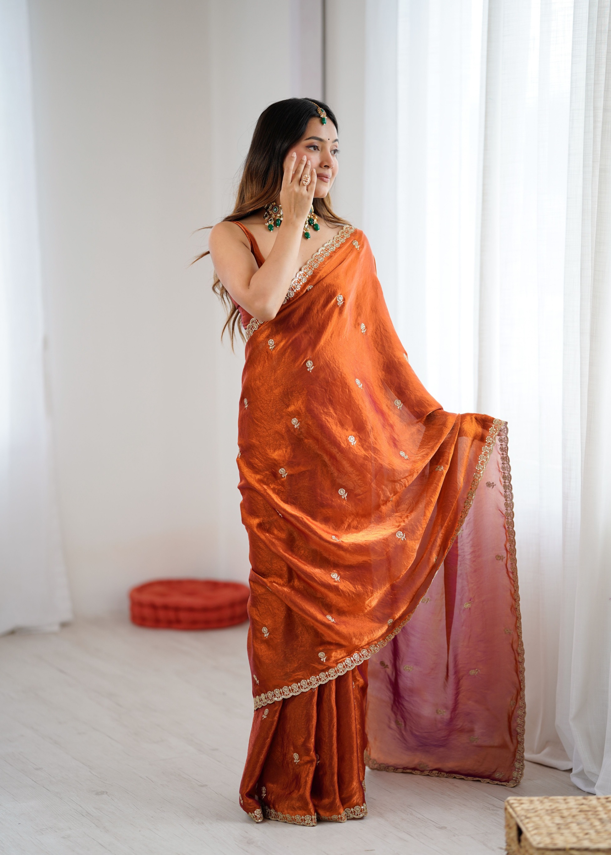 Orange Two Tone Embroidered Fendy Satin Saree
