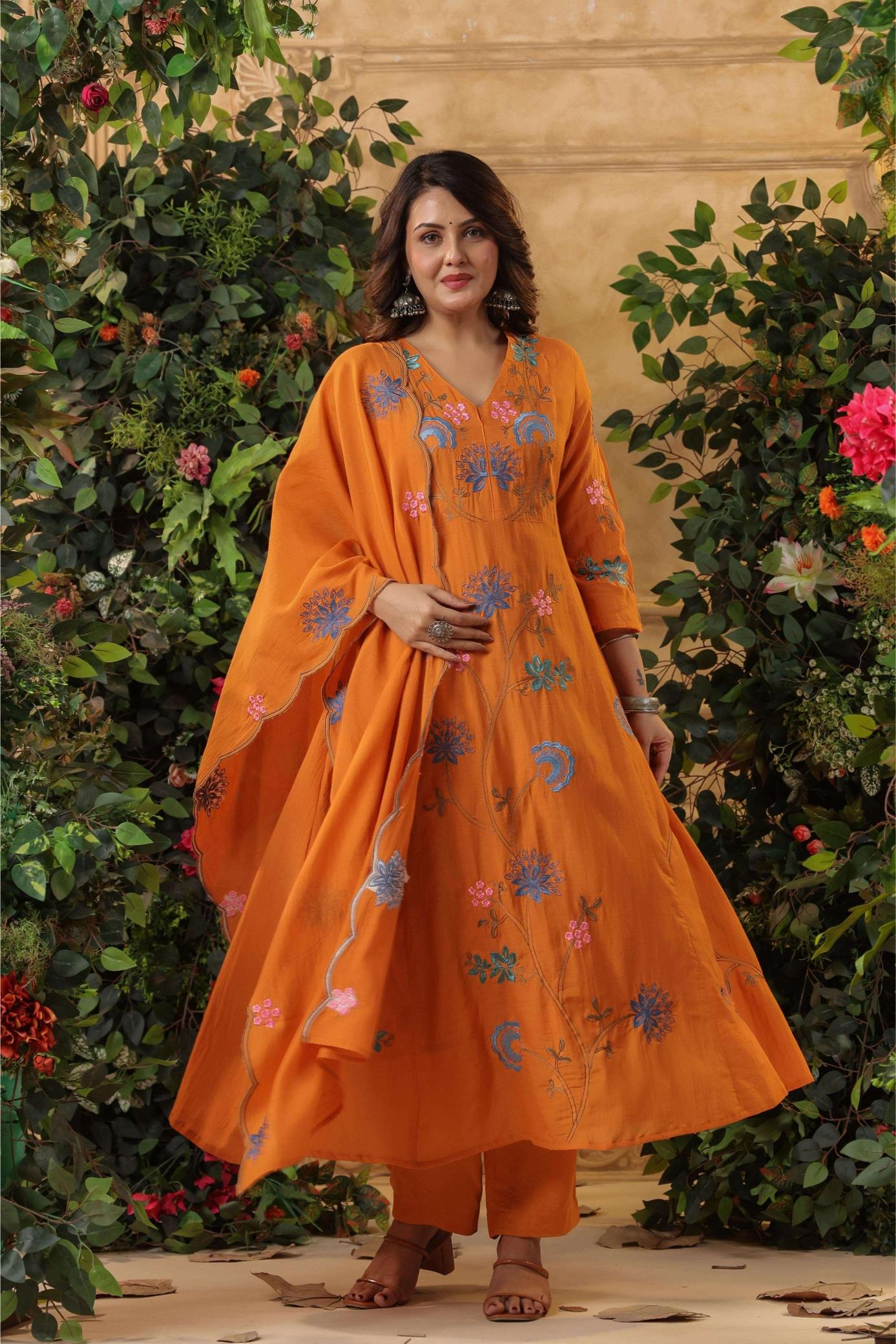 Orange Viscose Chanderi Readymade Suits