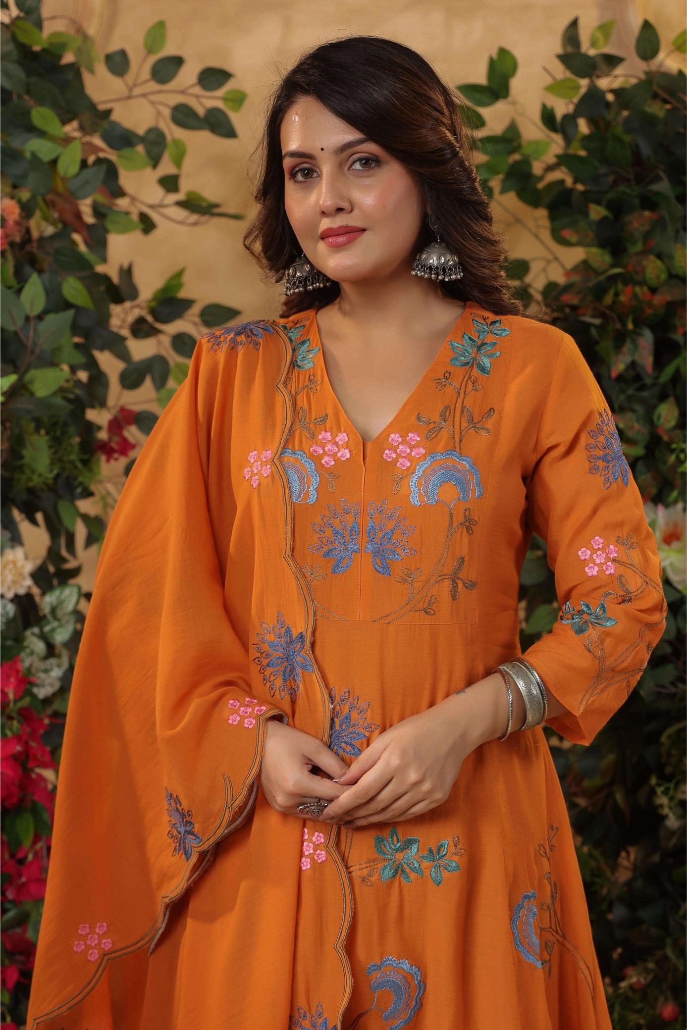 Orange Viscose Chanderi Readymade Suits — alternate view