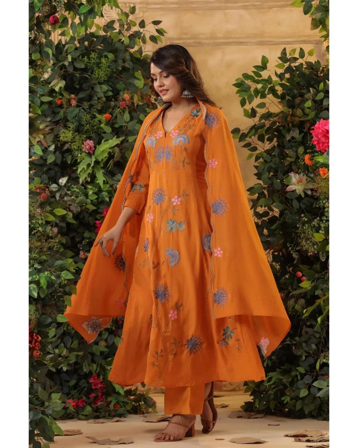 Orange Viscose Chanderi Readymade Suits