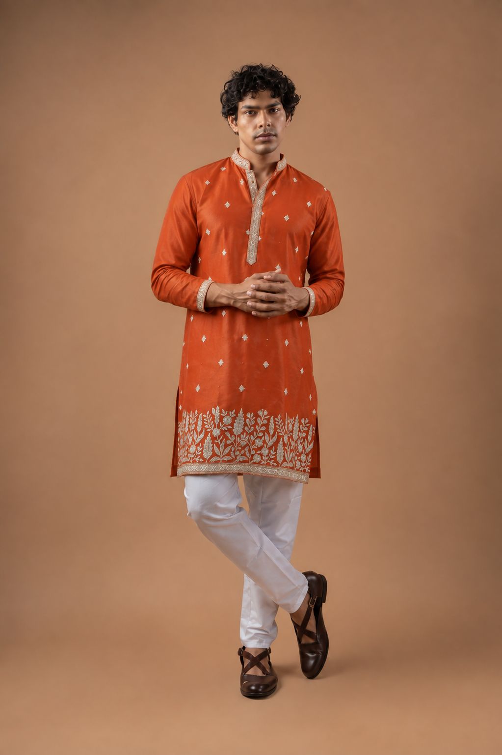 Orange Viscose Silk Embroidered Kurta Pyjama