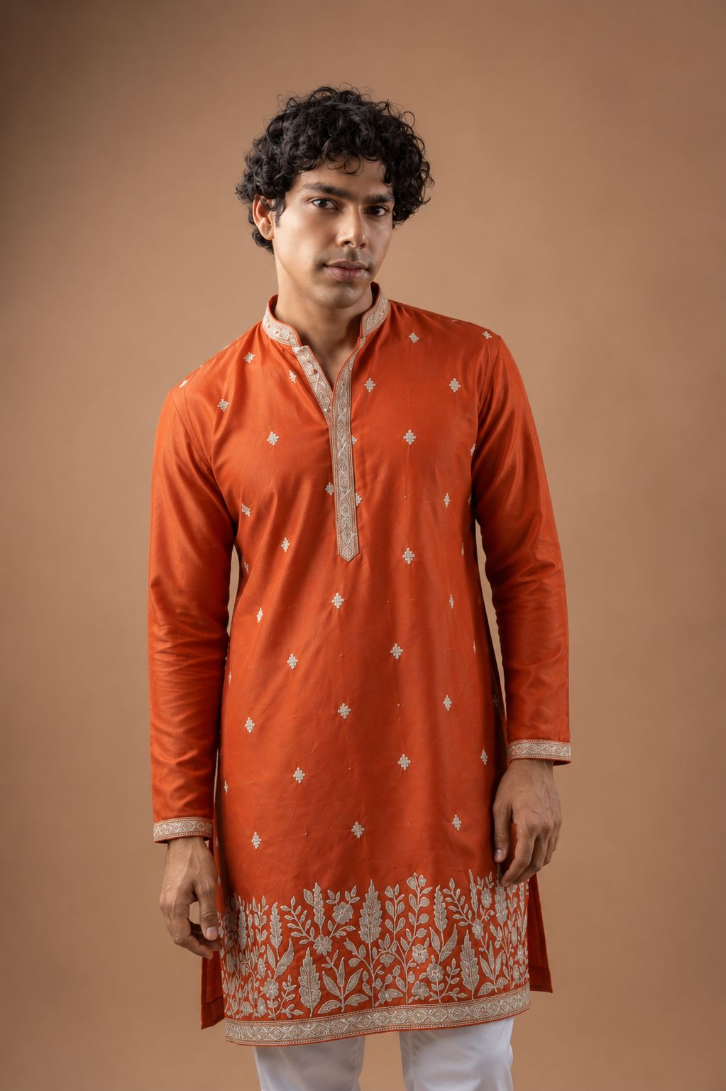 Orange Viscose Silk Embroidered Kurta Pyjama