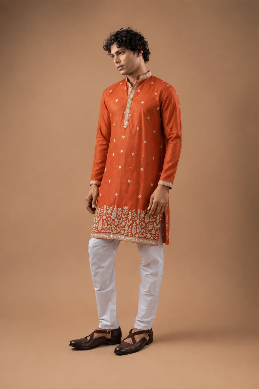 Orange Viscose Silk Embroidered Kurta Pyjama