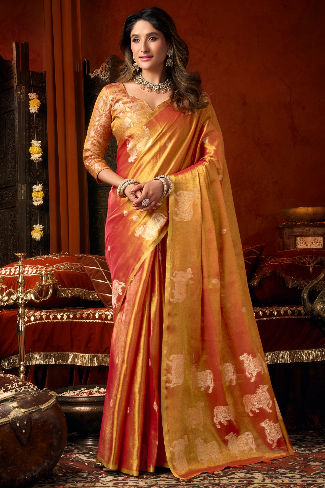 Orange Woven Butta Tassel Saree