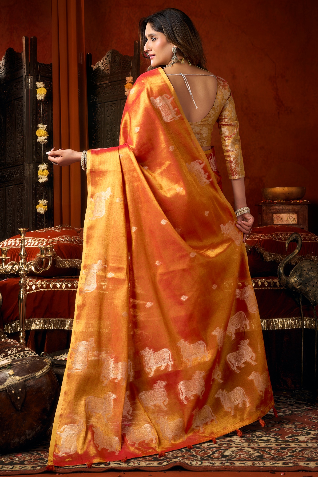 Orange Woven Butta Tassel Saree — alternate view
