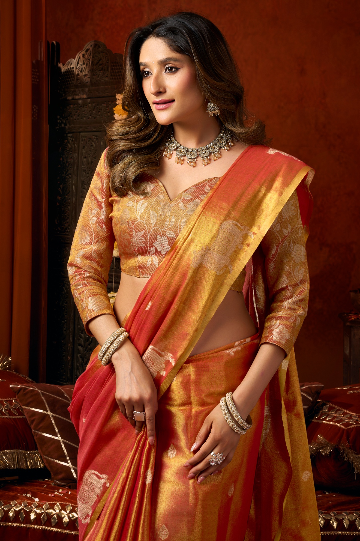 Orange Woven Butta Tassel Saree