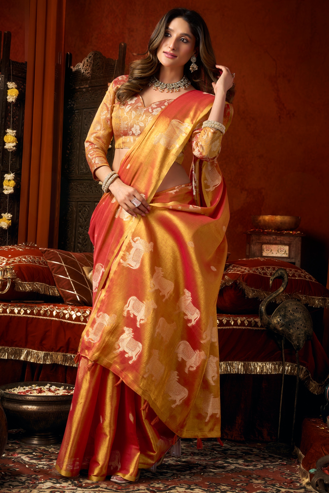 Orange Woven Butta Tassel Saree
