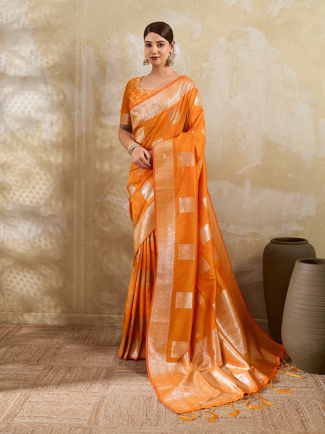 Orange Woven Designer Silk Blend Saree