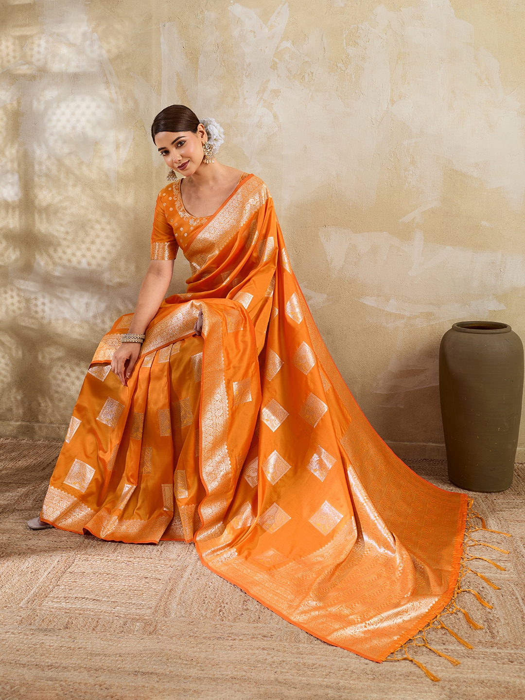 Orange Woven Designer Silk Blend Saree