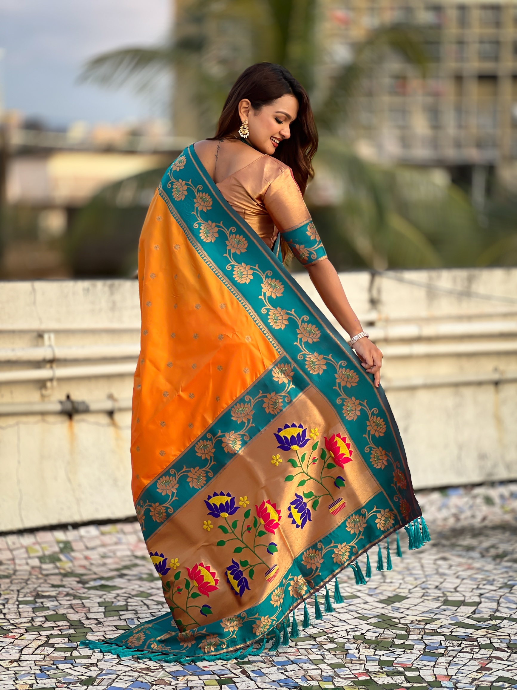 Orange Woven Lotus Meenakari Soft Silk Saree — alternate view