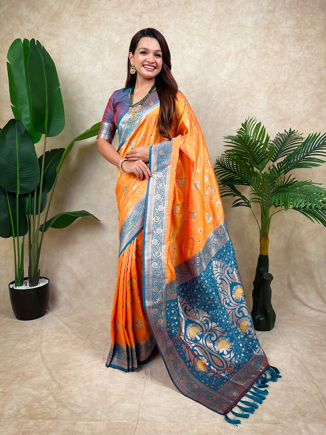 Orange Woven Zari Banarasi Silk Saree