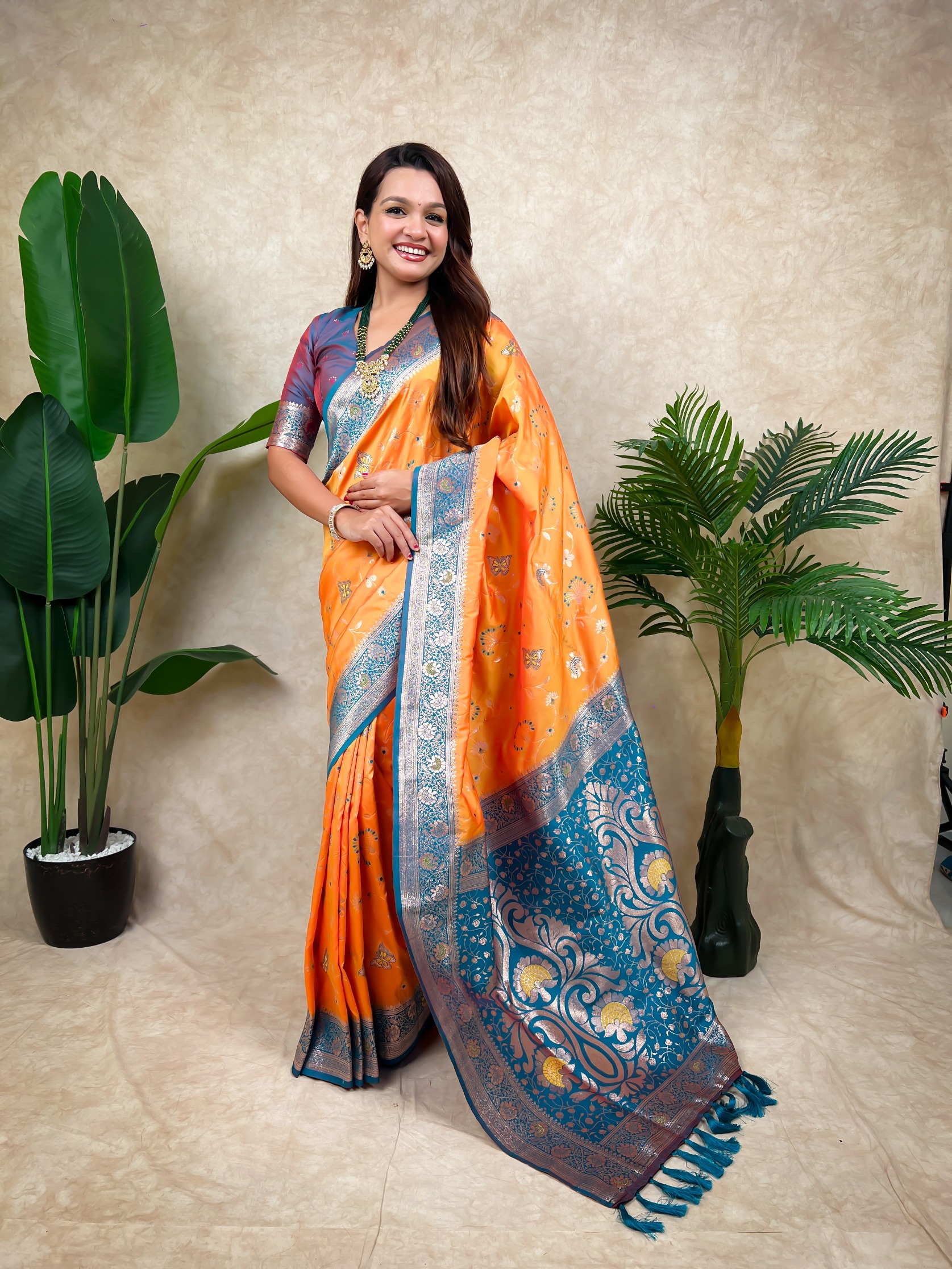 Orange Woven Zari Banarasi Silk Saree