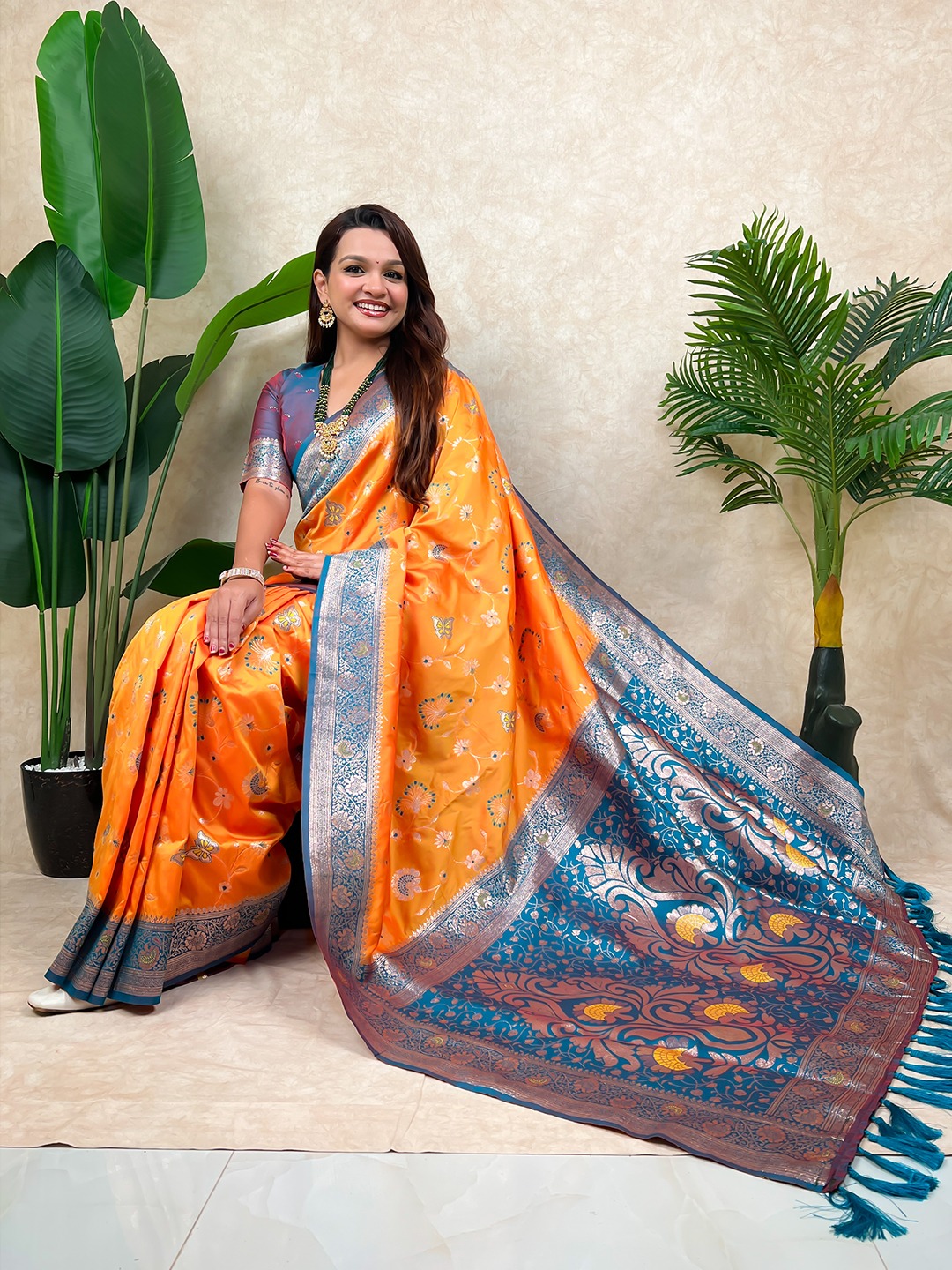 Orange Woven Zari Banarasi Silk Saree