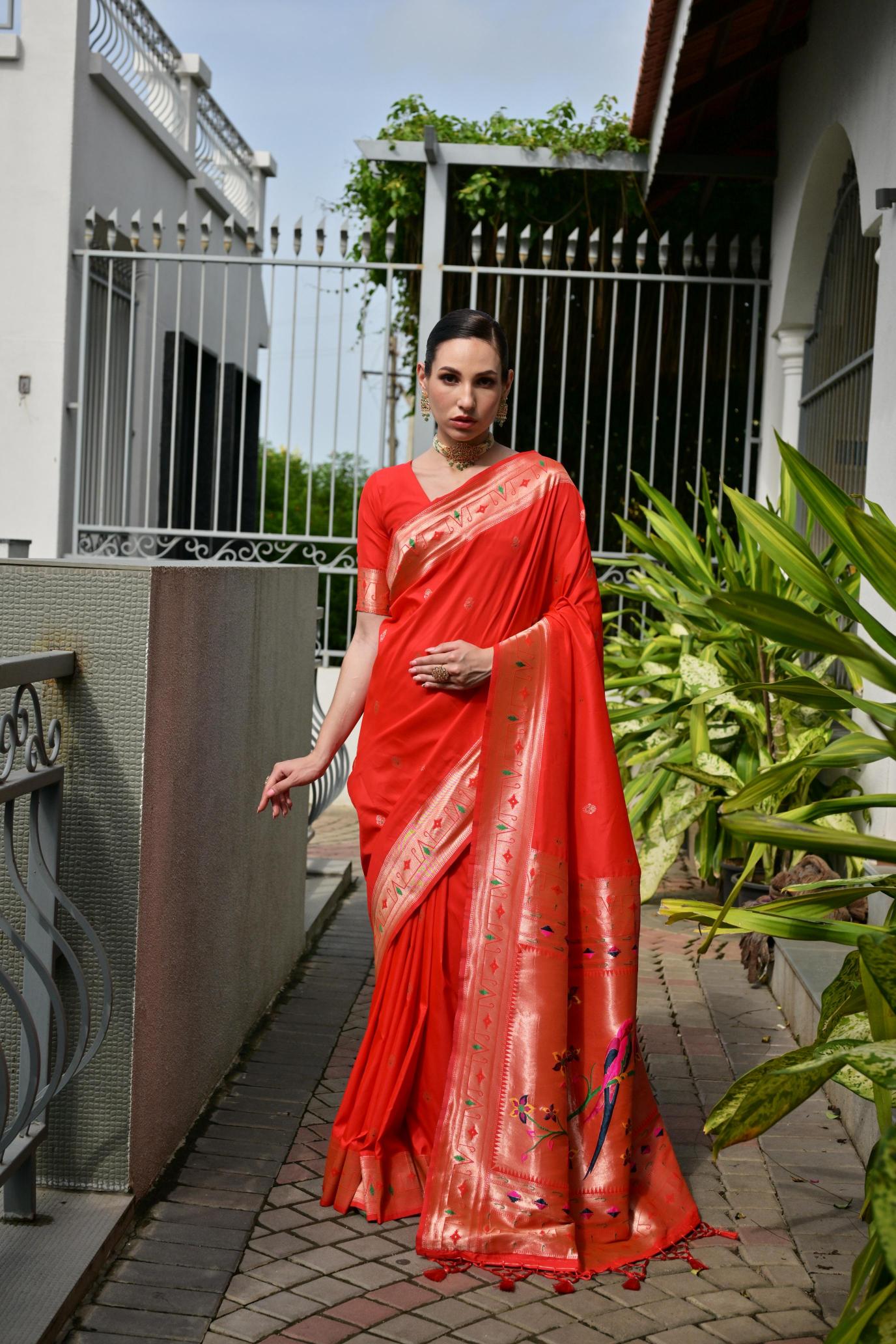 Orange Zari Woven Meenakari Designer Banarasi Silk Saree