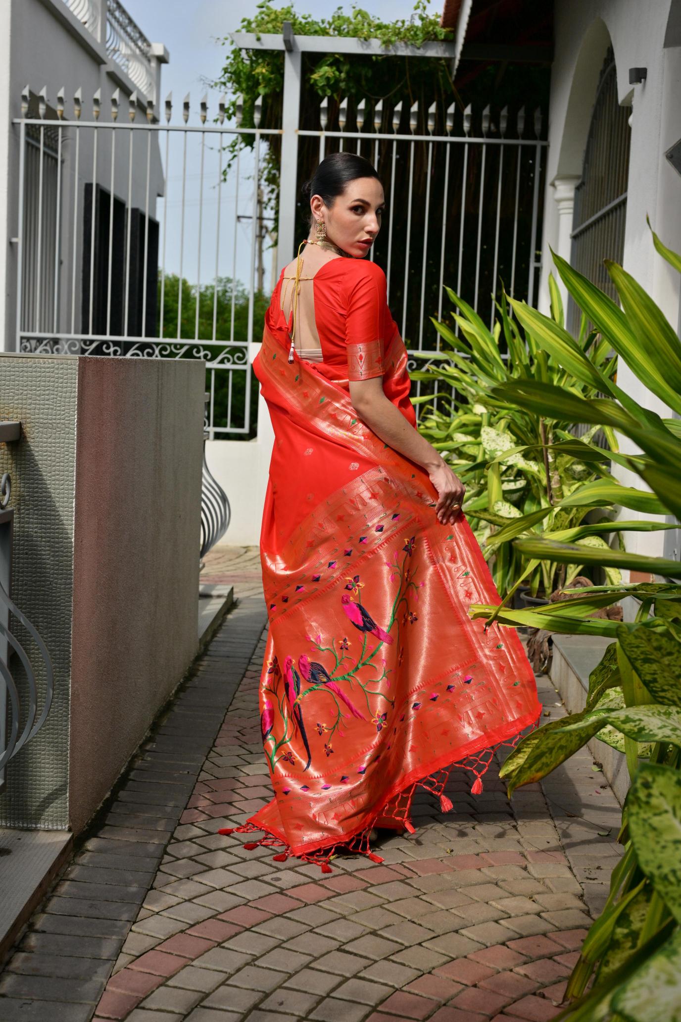 Orange Zari Woven Meenakari Designer Banarasi Silk Saree — alternate view