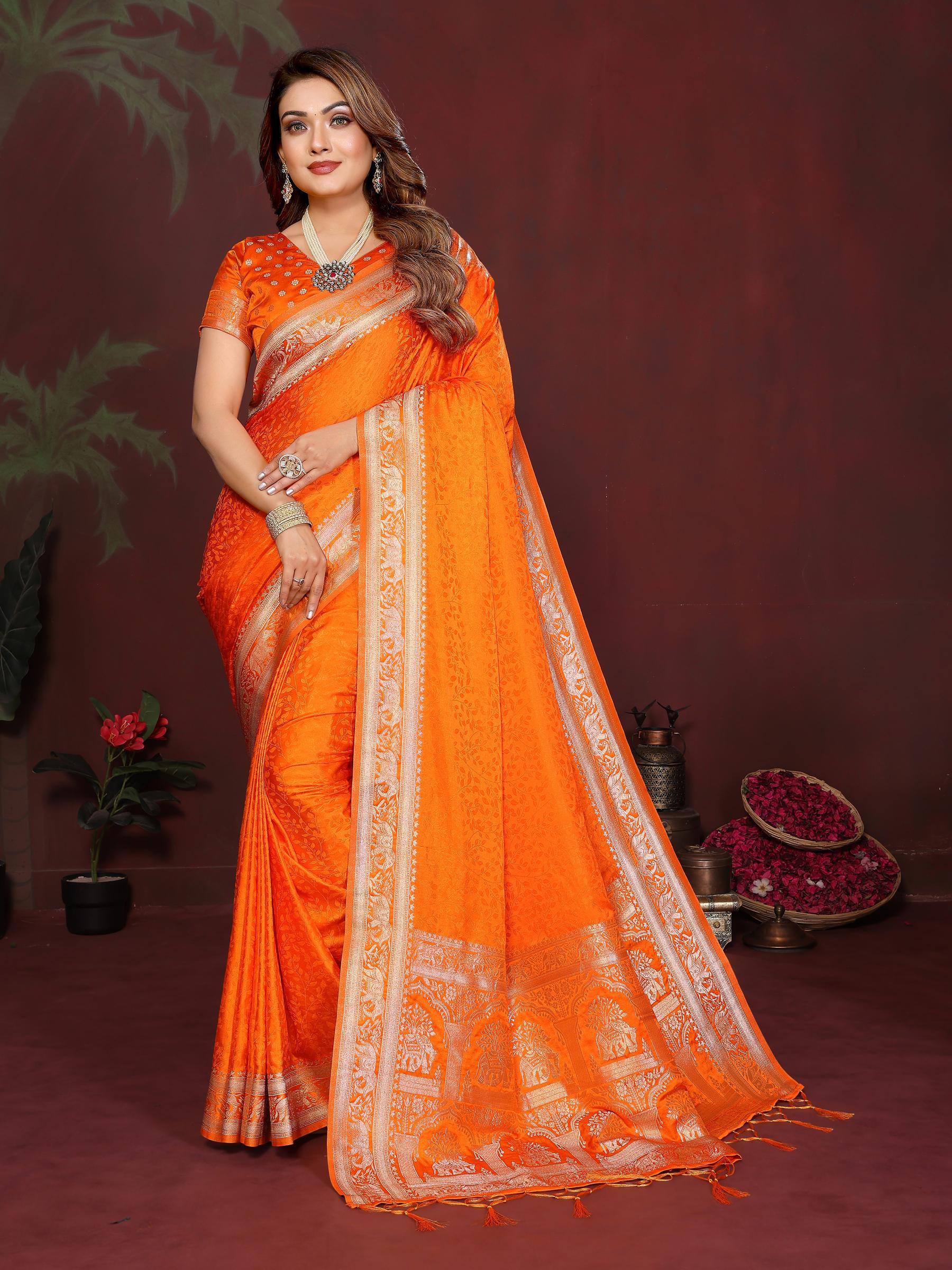 Orange Zari Woven Satin Silk Saree