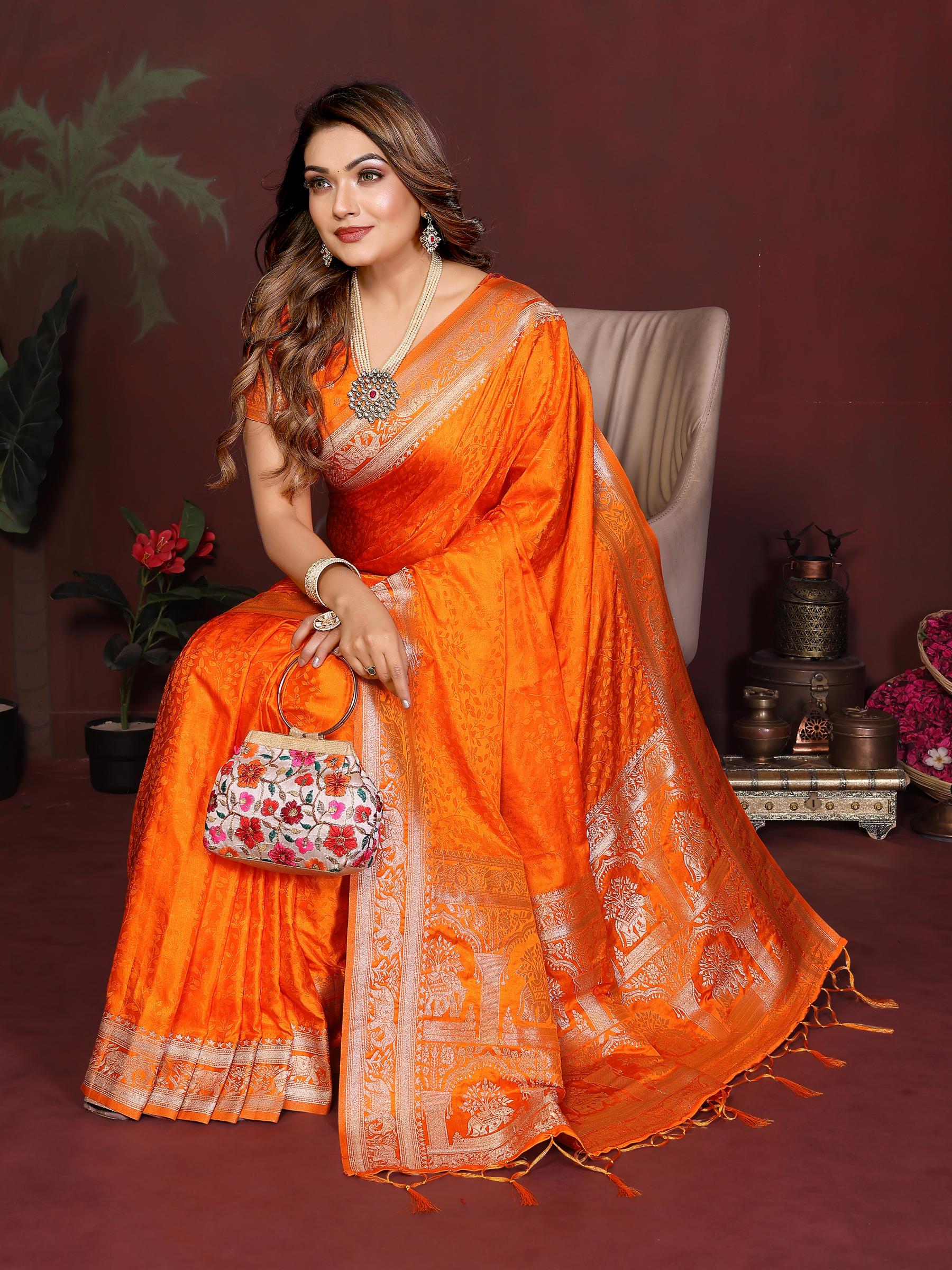 Orange Zari Woven Satin Silk Saree