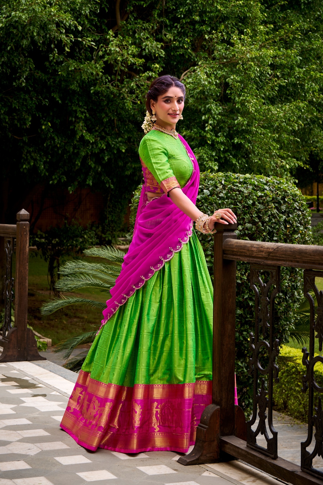 Parrot Green Cotton Lehenga Choli