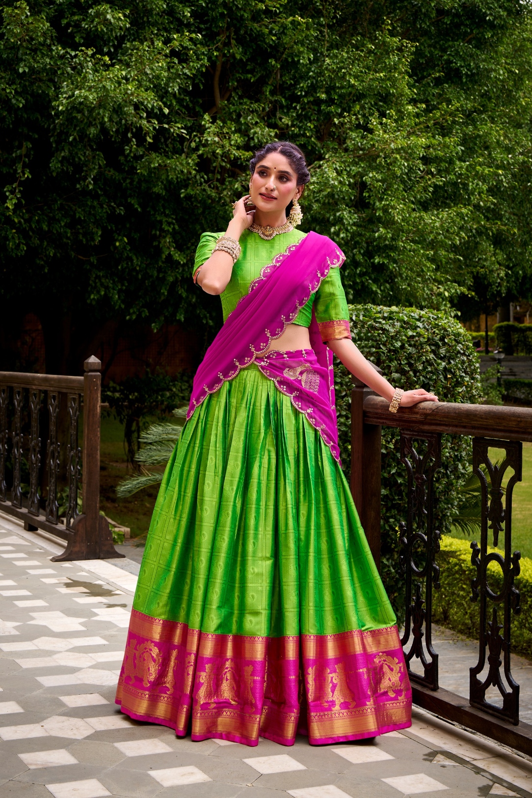 Parrot Green Cotton Lehenga Choli